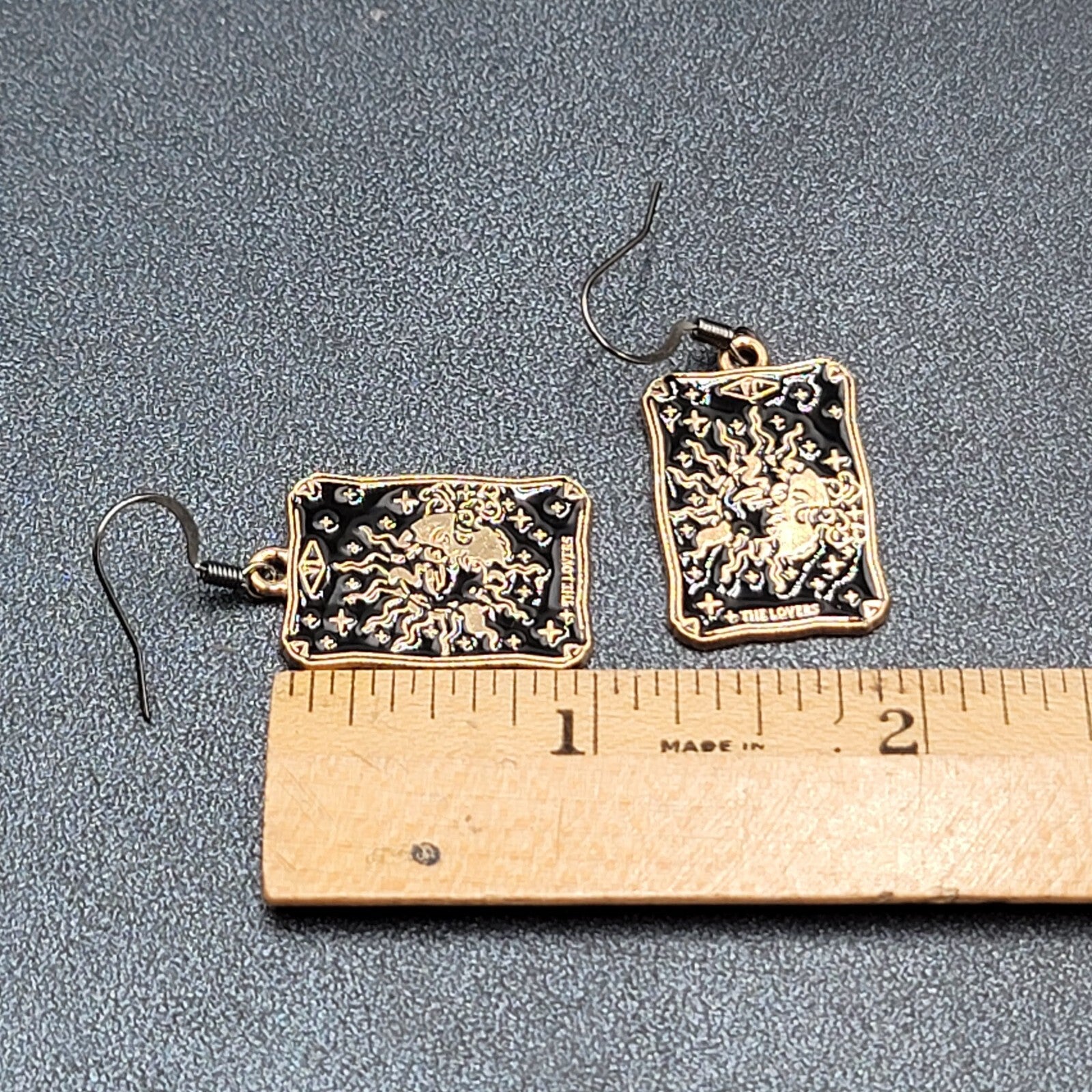 Tarot Card Pierced Earrings The LOVERS Sun and Moon Gold tone Black 1"