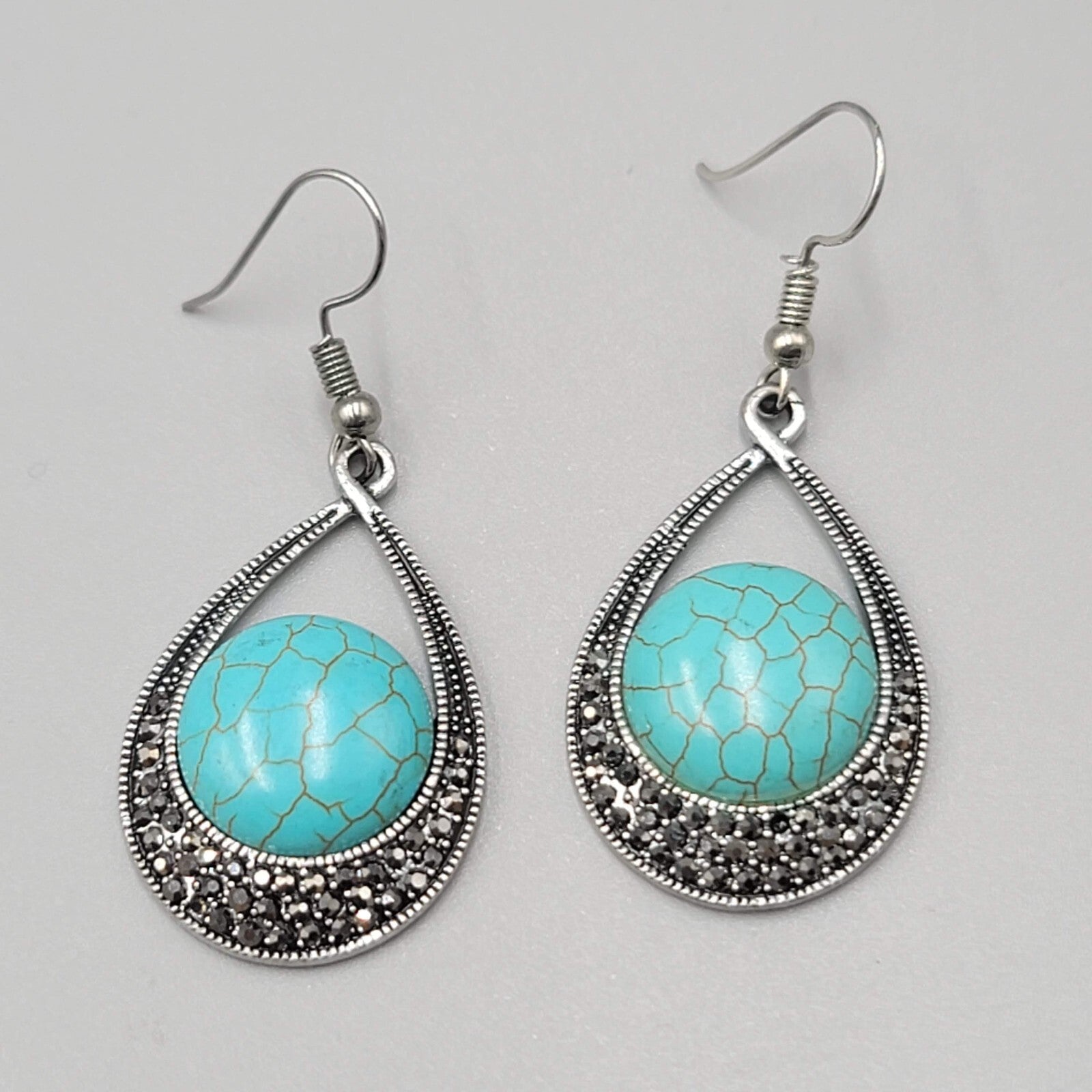 Teardrop Dangle Pierced Earrings Silver tone Marcasite Blue Howlite 1.25"