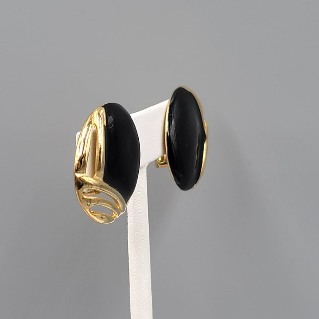 Vintage Clip on Earrings Gold tone Black Enamel Statement Drop 1 1/8"