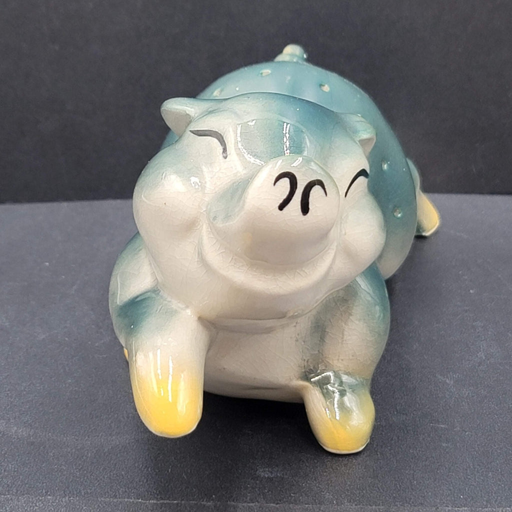 Vintage Blue Green Pig Toothpick Appetizer Server Ceramic MCM 7" x 3.5”