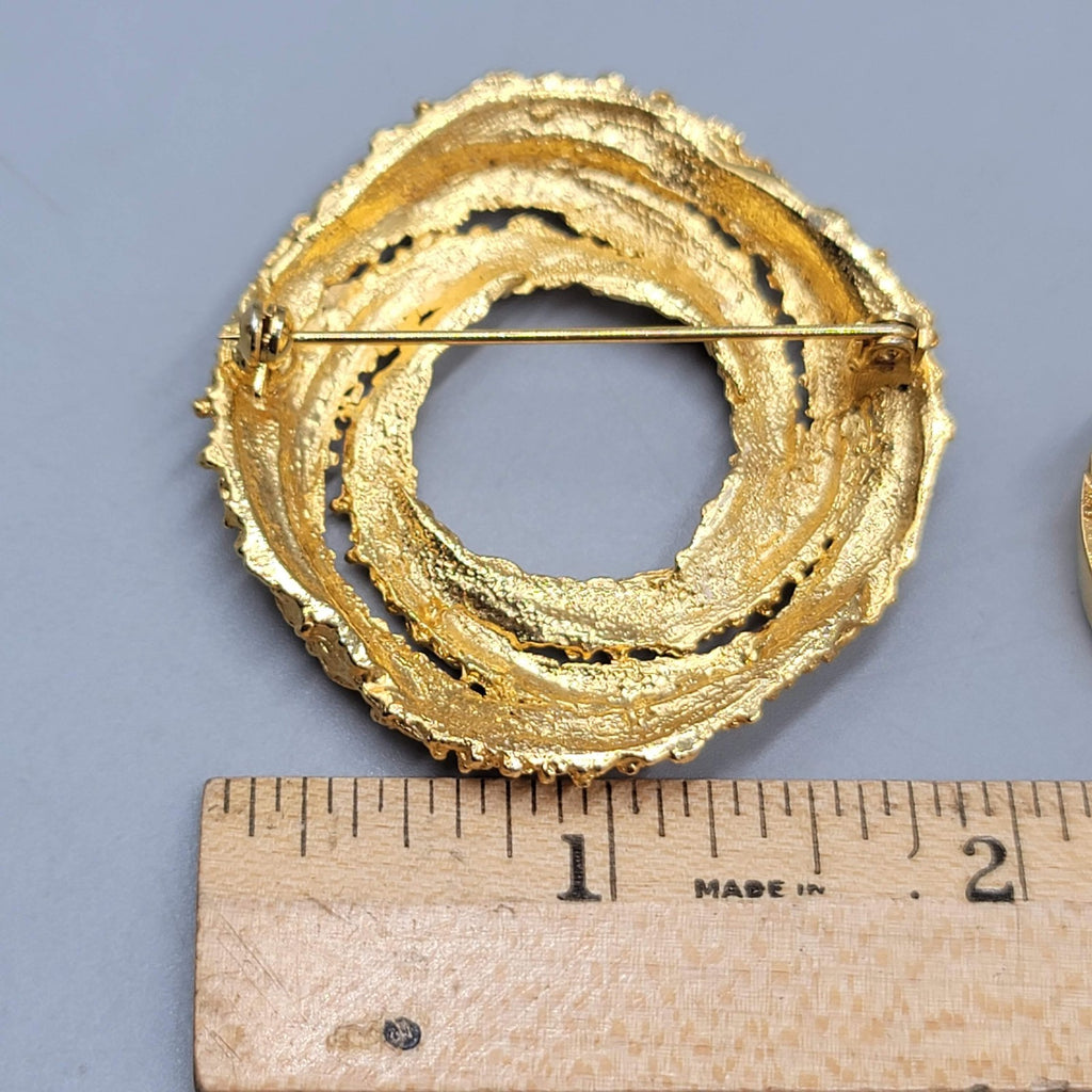 Vintage Gold Tone Circle Brooch Pin Lot of 2 Textured Swirl Rhinestone