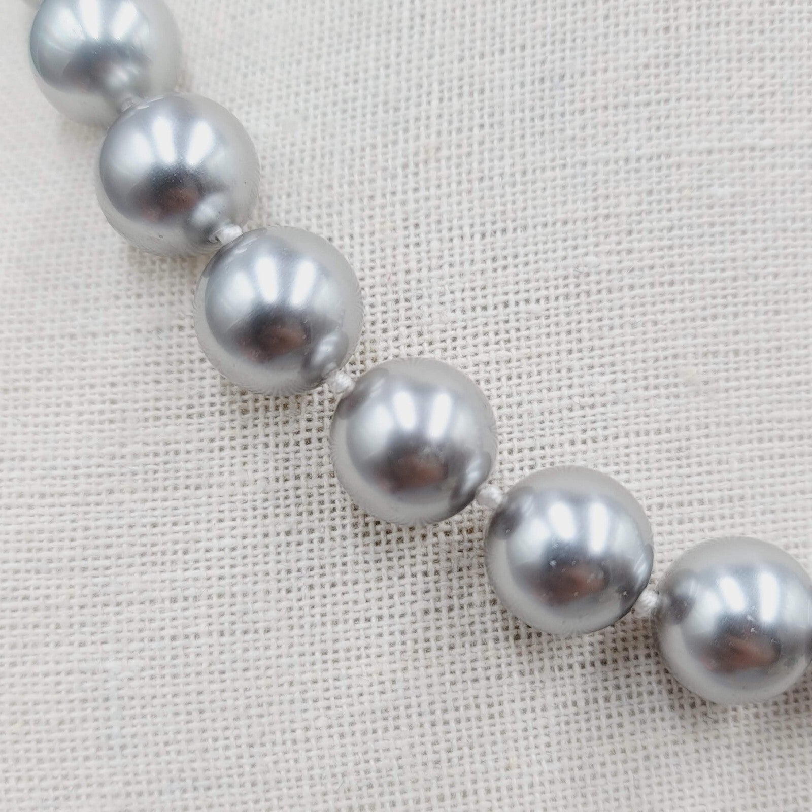 Silver tone Gray Bead Hand Knotted Necklace 12mm Bead 16" Long 