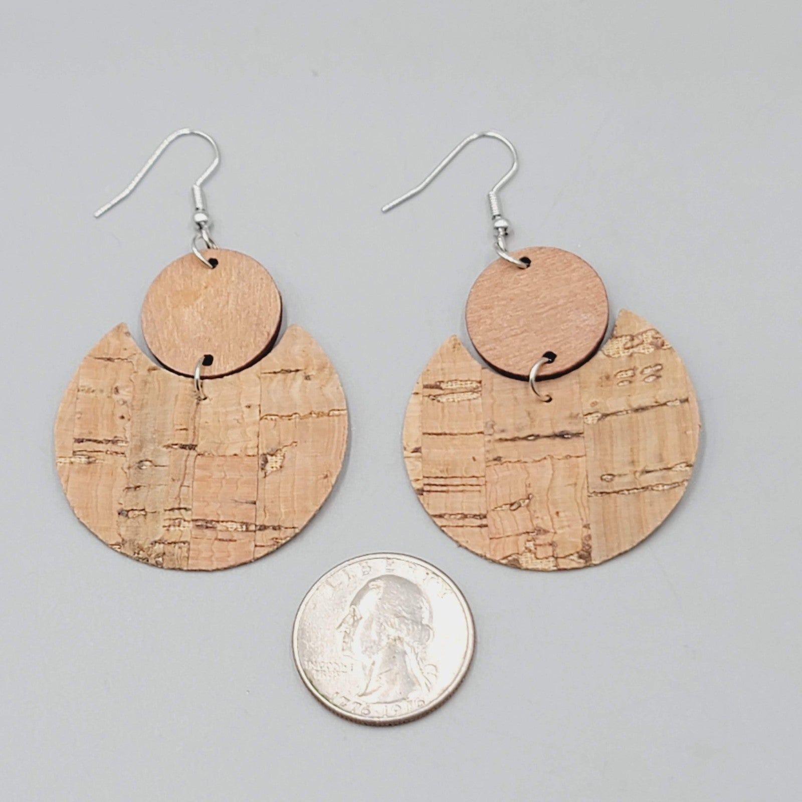 Wood Cork Dangle Pierced Earrings Lightweight Boho Leaf Print Pattern 2"