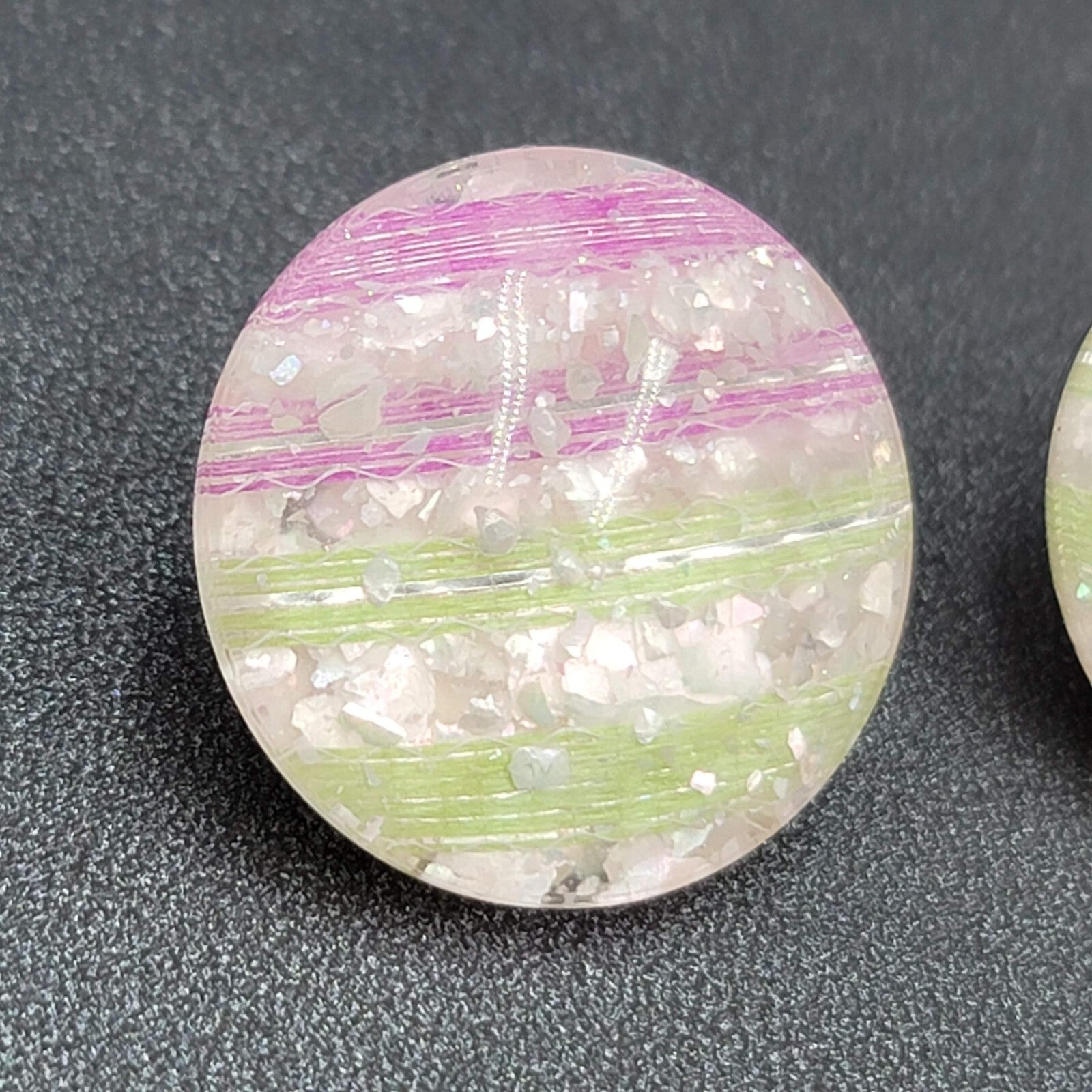 Vintage Clip on Earrings Purple Green White Lucite Round Button Studs 1"