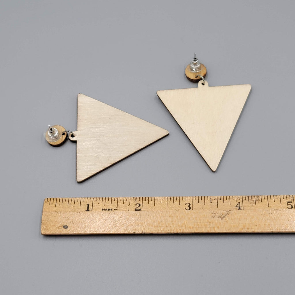 Large Wood Boho Statement Pierced Earrings Multicolor Design Triangle  2.5"