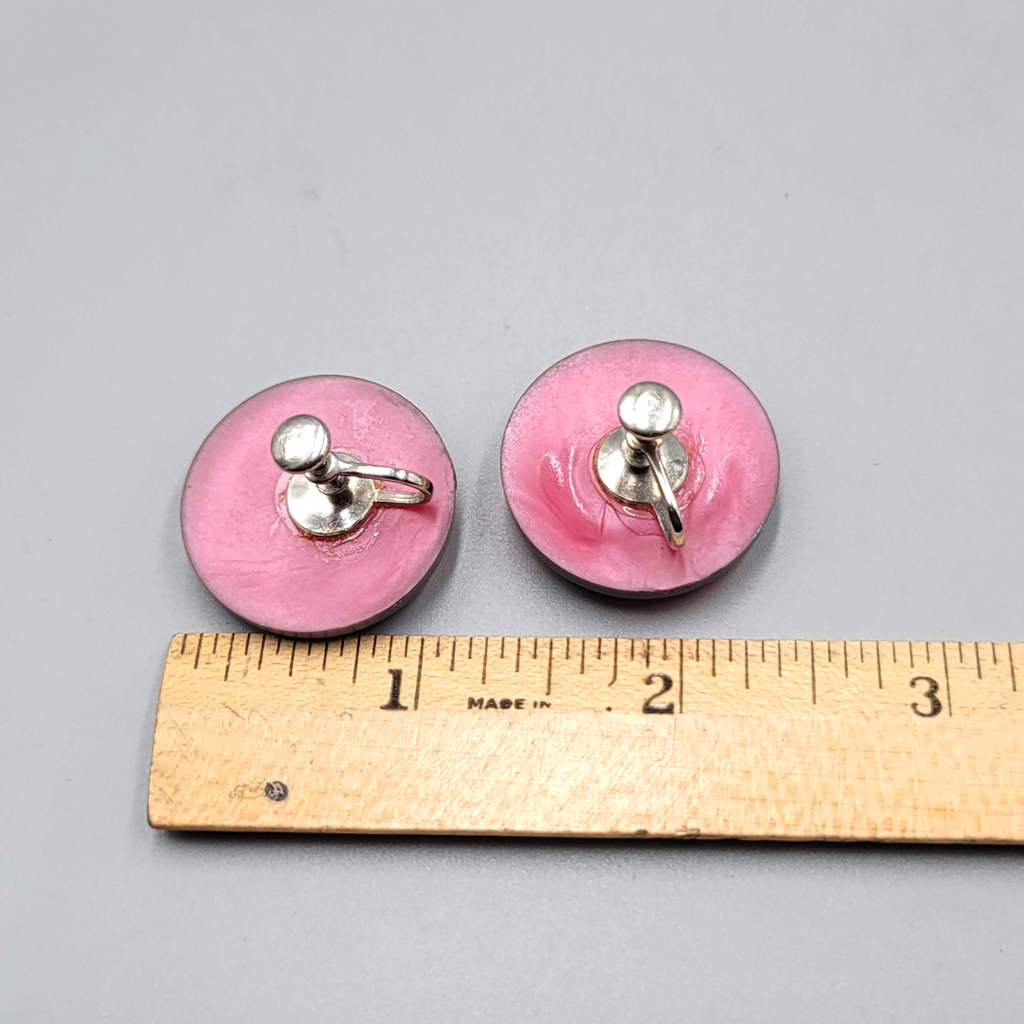 Vintage Laser Cut Clip on Earrings Purple Gray Round Screw Back 1 1/8 in