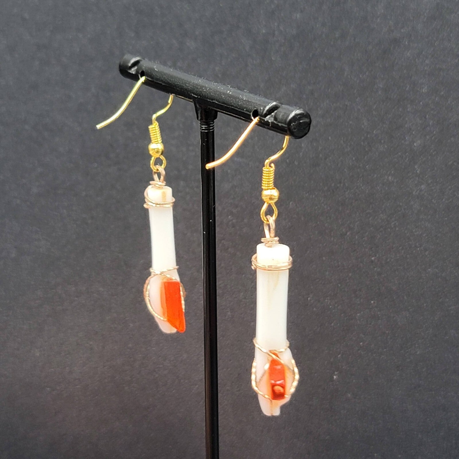 Vintage Pierced Earrings Plastic White Orange Hatchet Axe Dangle 1.25"