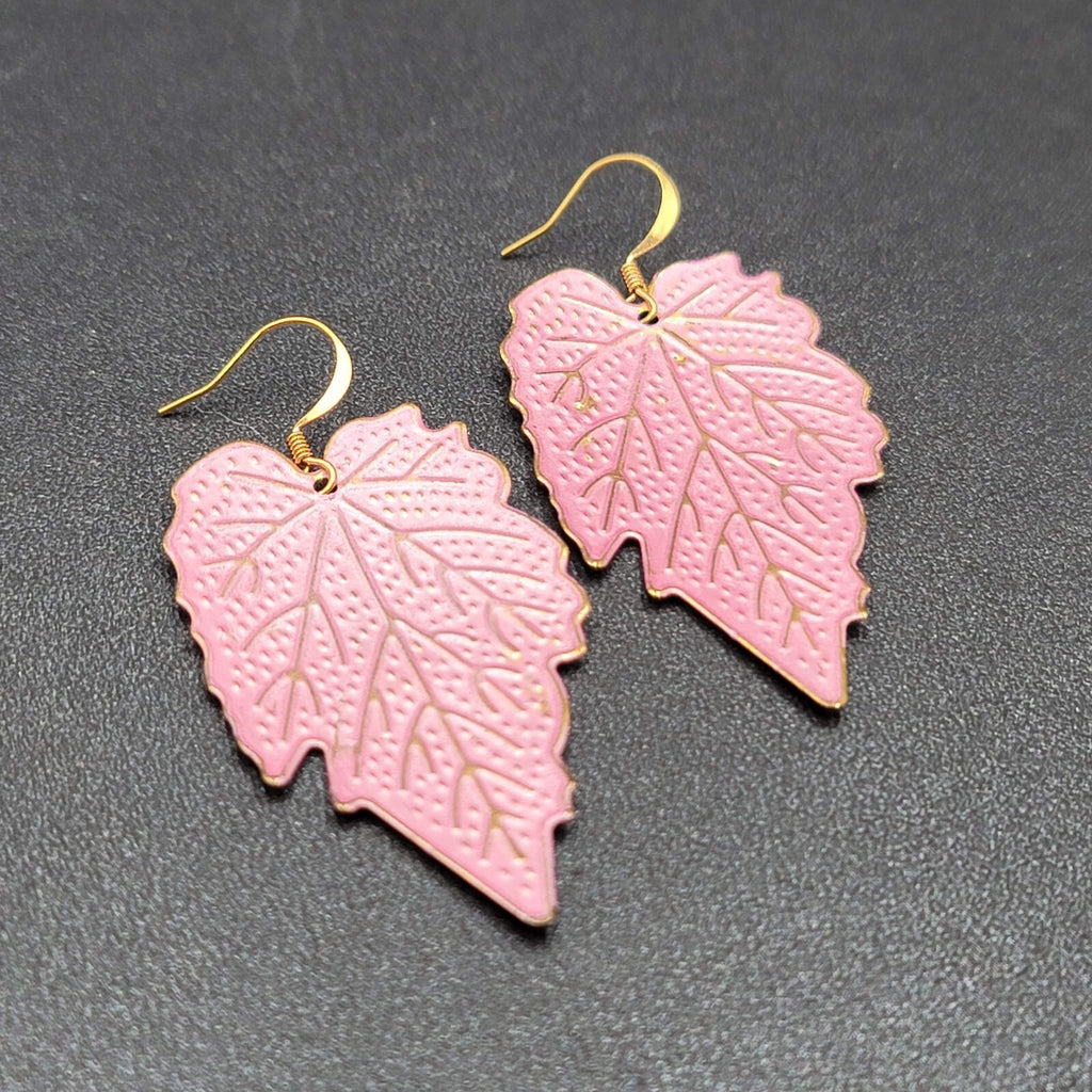 Pierced Earrings Gold tone Large Pink Dangle Leaves Statement 2"