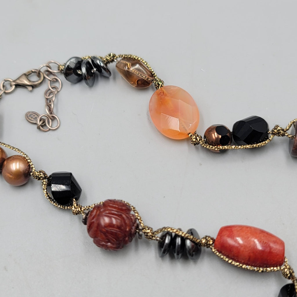 Sterling Silver Multi Bead Necklace Pearl Quartz Agate Multicolor 30"