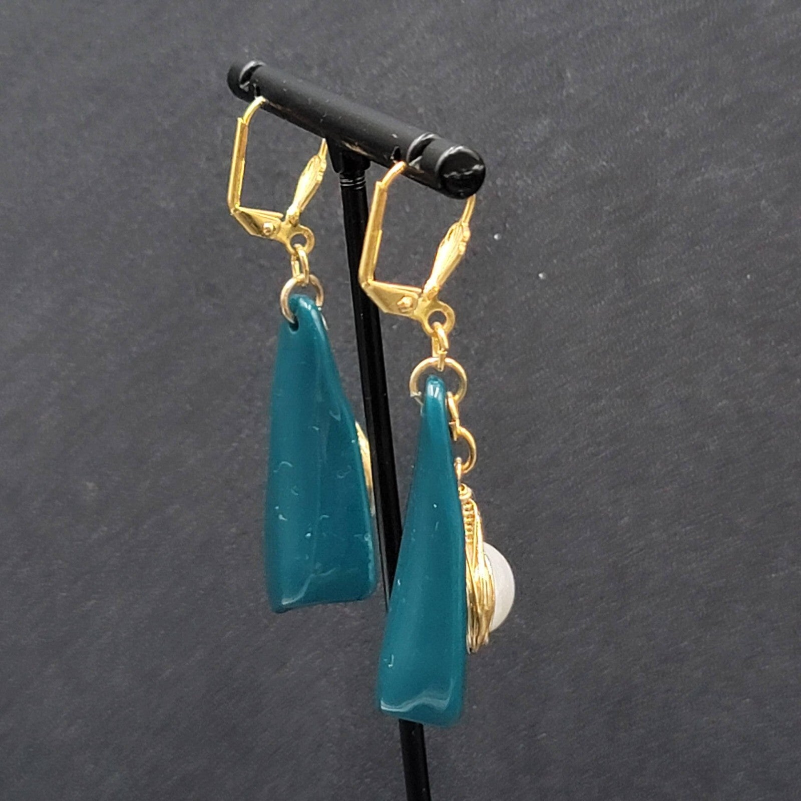 Pierced Earrings Gold Wire Faux Pearl Bead Teal Blue Dangle 1.75"