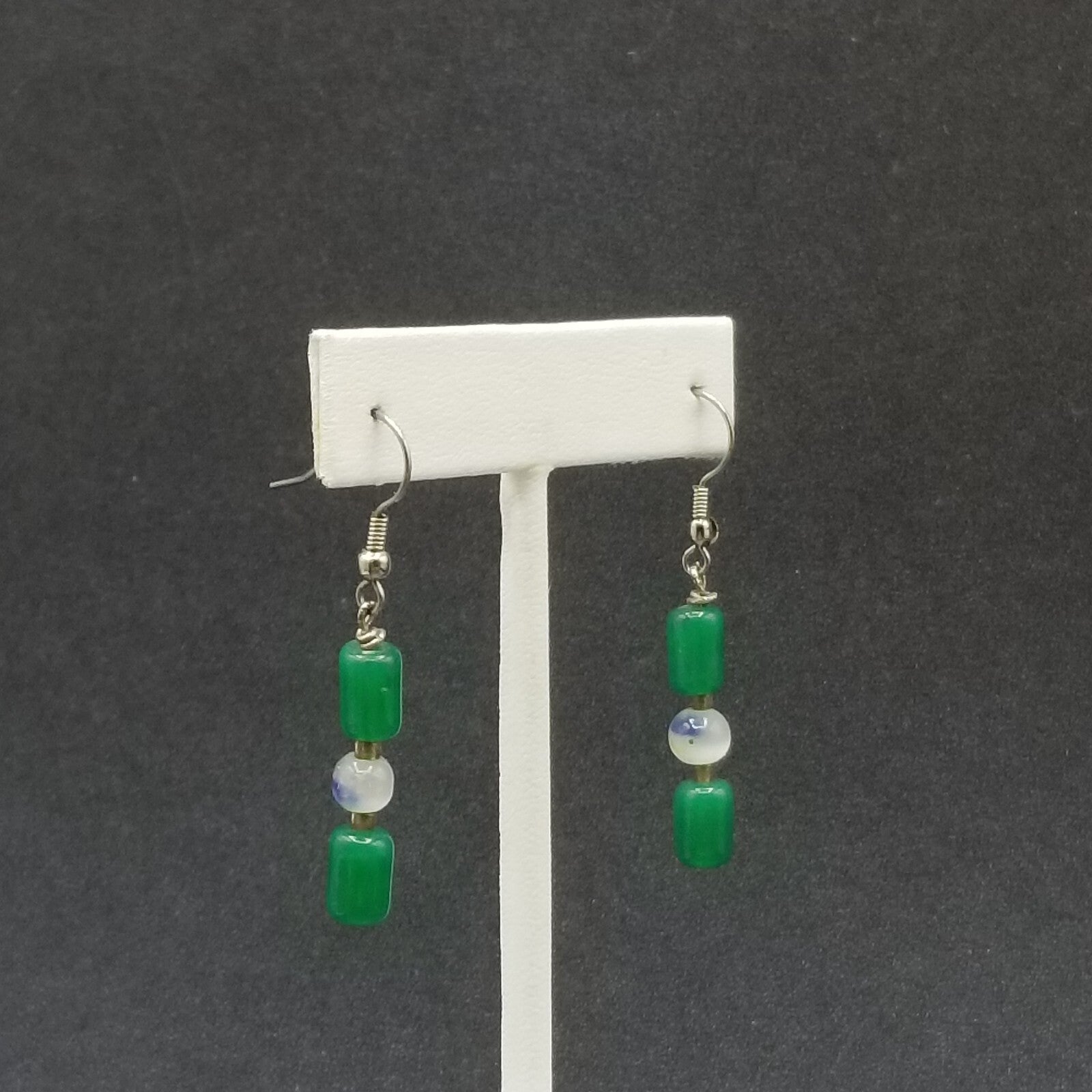 Pierced Earrings Silver tone Green Stone White Cats Eye Beaded Dangle 1"