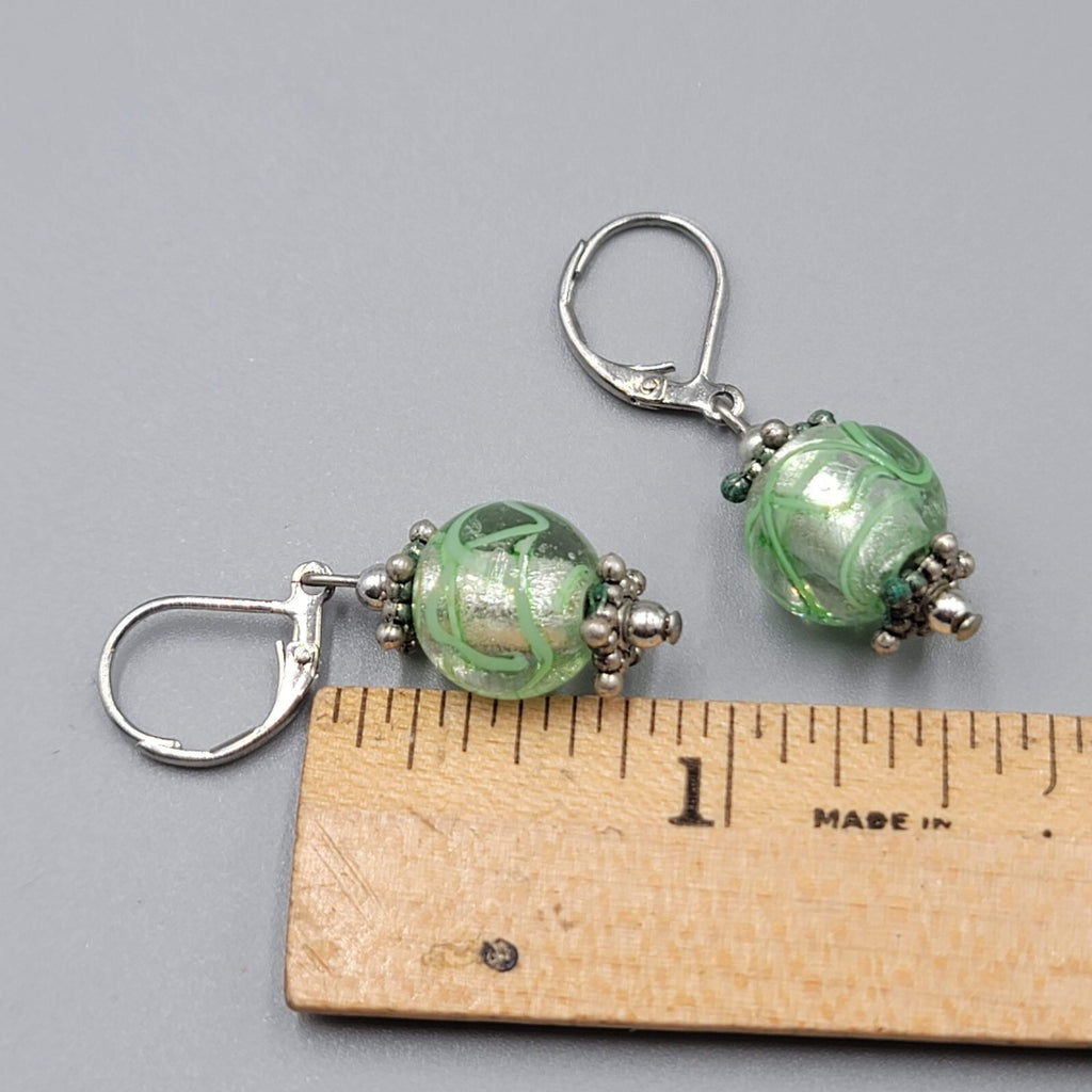 Green Swirl Glass Bead Pierced Earrings Silver tone Dangle 3/4"