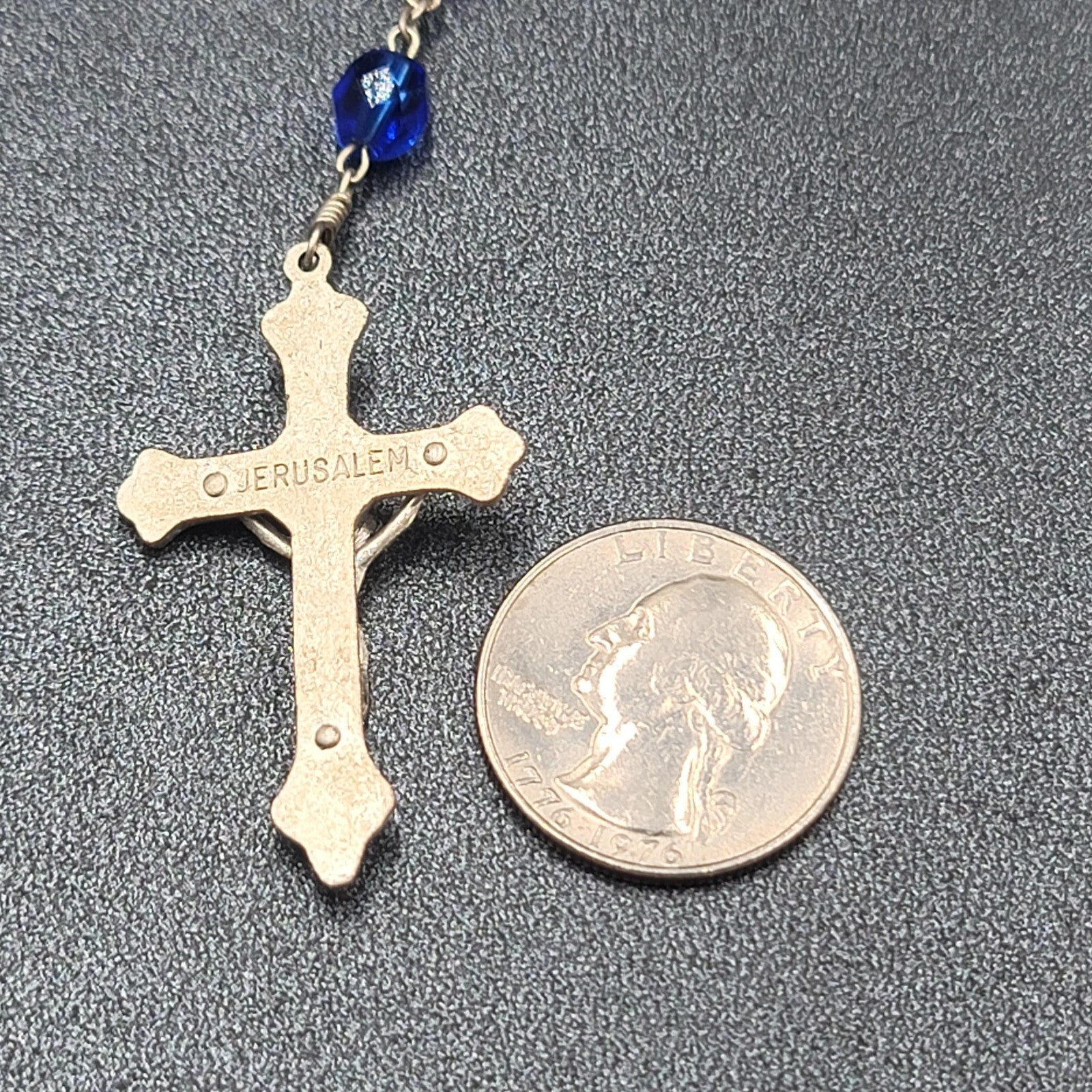Blue Faceted Bead Catholic Rosary Crucifix Silver tone