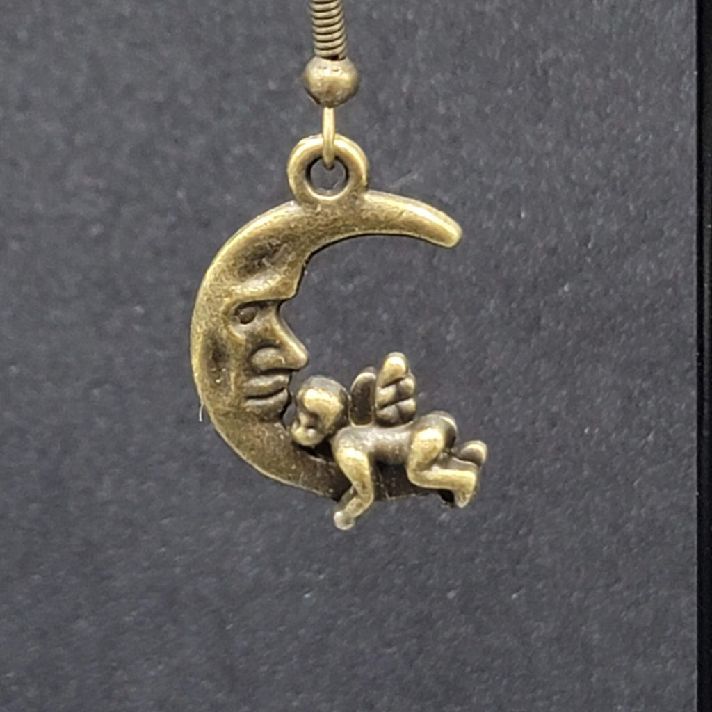 New Cherub Angel Moon Pierced Earrings Bronze tone Dangle 3/4"