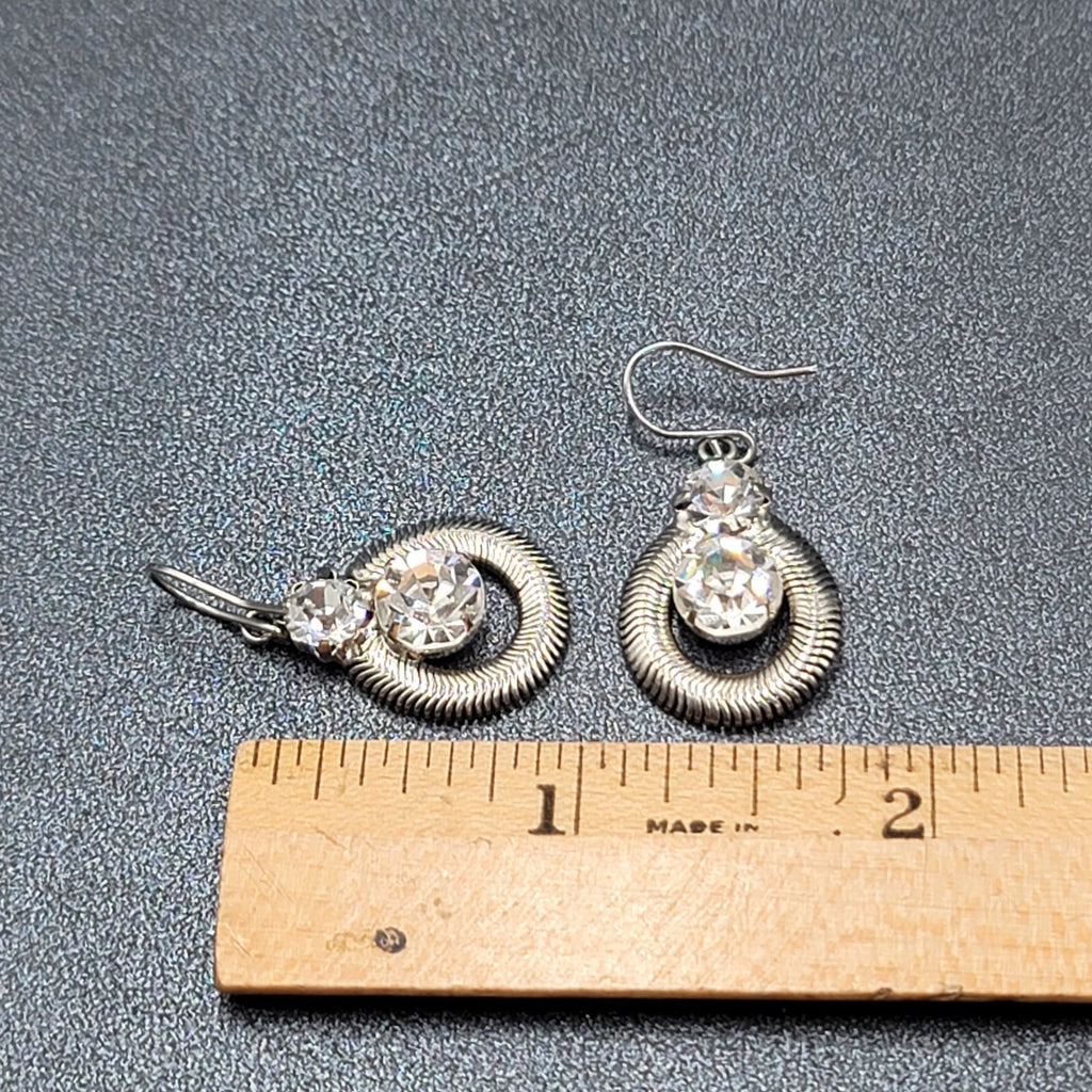 Pierced Earrings Silver tone Snake Chain Rhinestone Dangle 1"