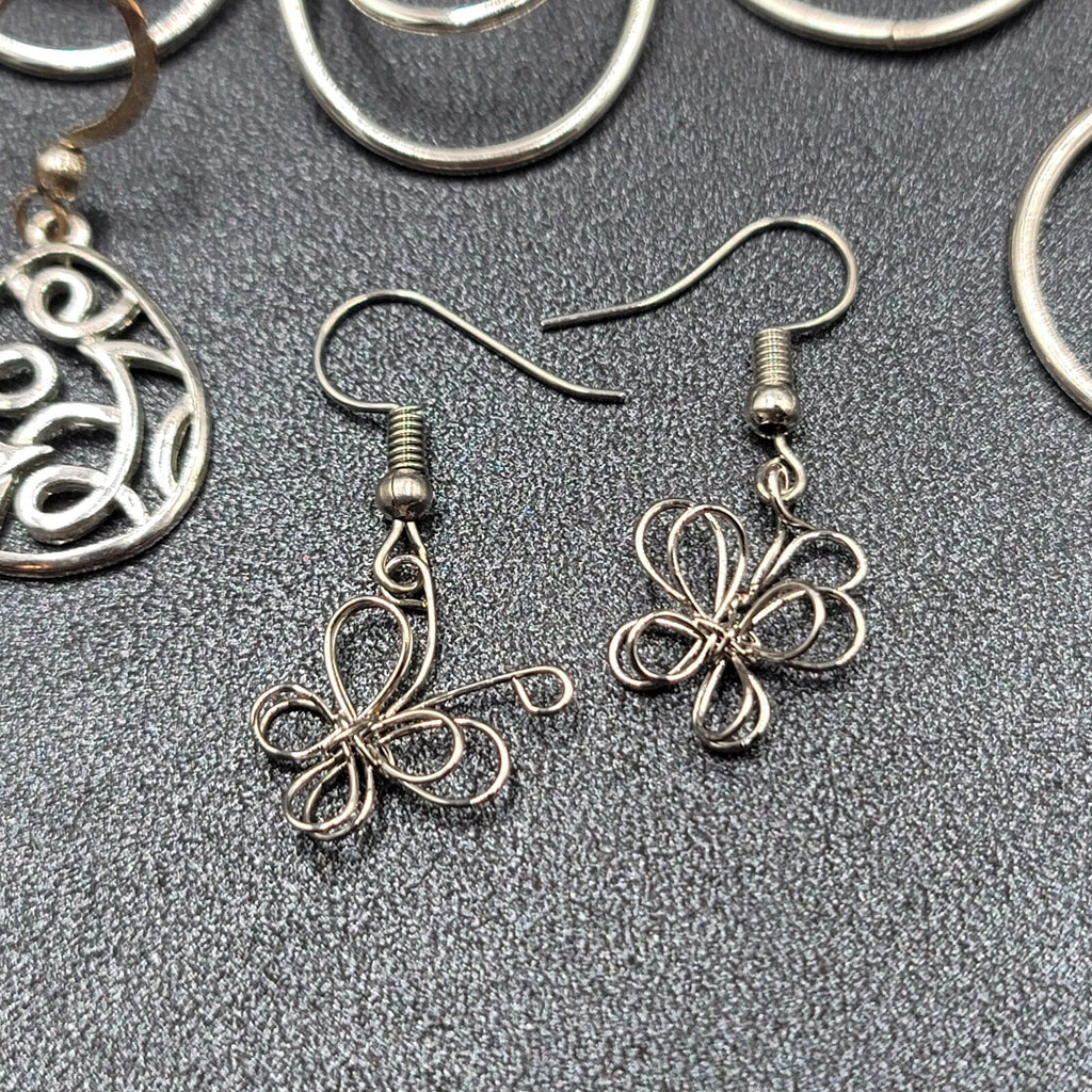 Lot of 7 Pierced Earrings Silver tone Teardrop Butterfly Hoops Wearable