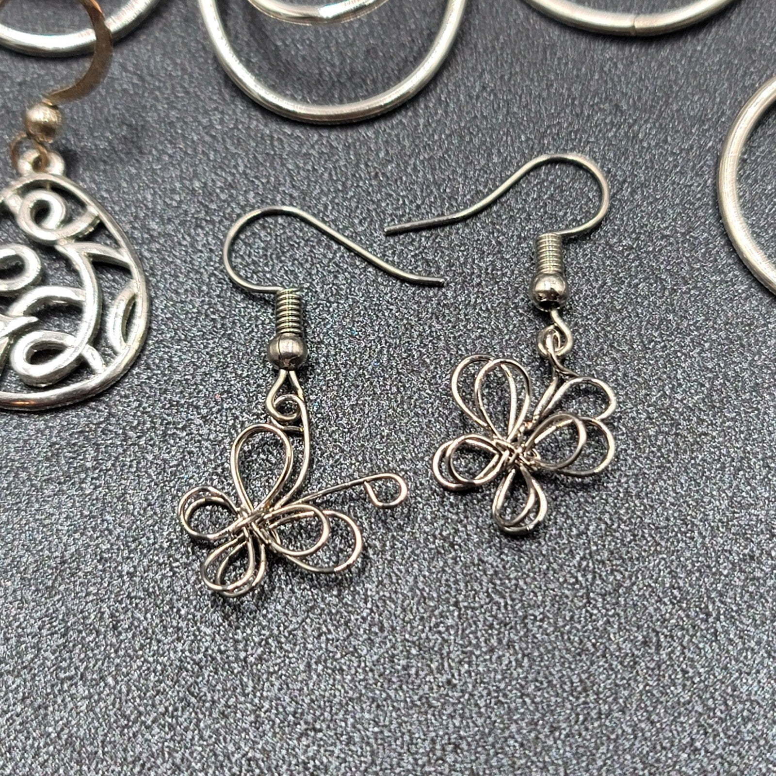 Lot of 7 Pierced Earrings Silver tone Teardrop Butterfly Hoops Wearable