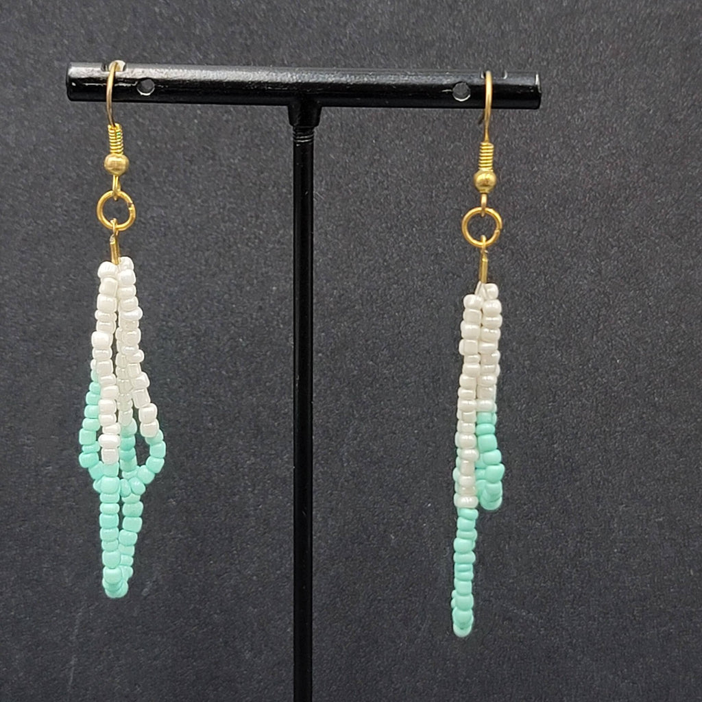 Pierced Earrings White Mint Green Seed Bead Dangle Loops 2.25"