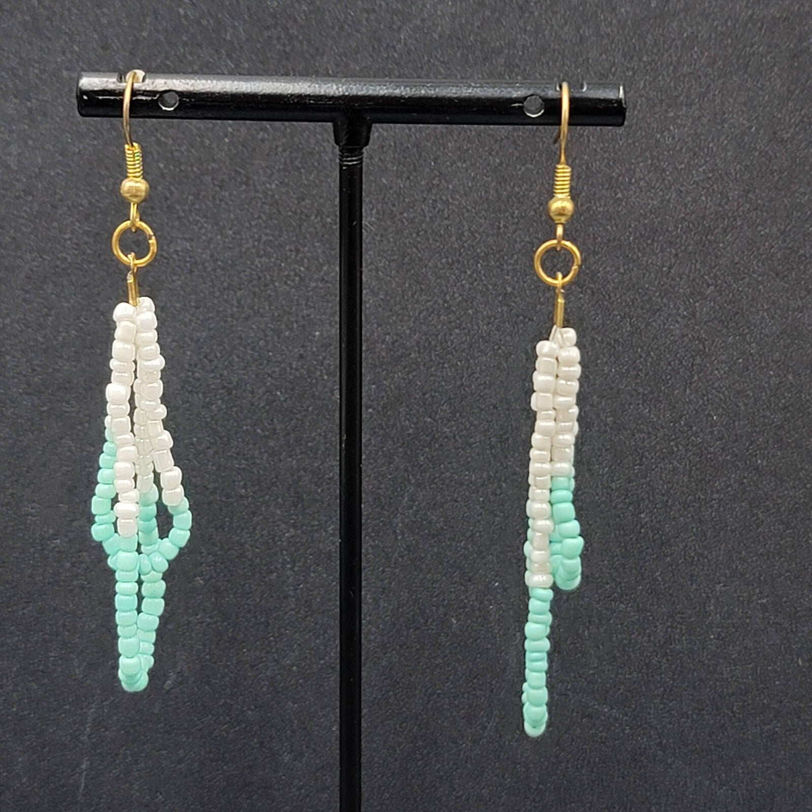 Pierced Earrings White Mint Green Seed Bead Dangle Loops 2.25"