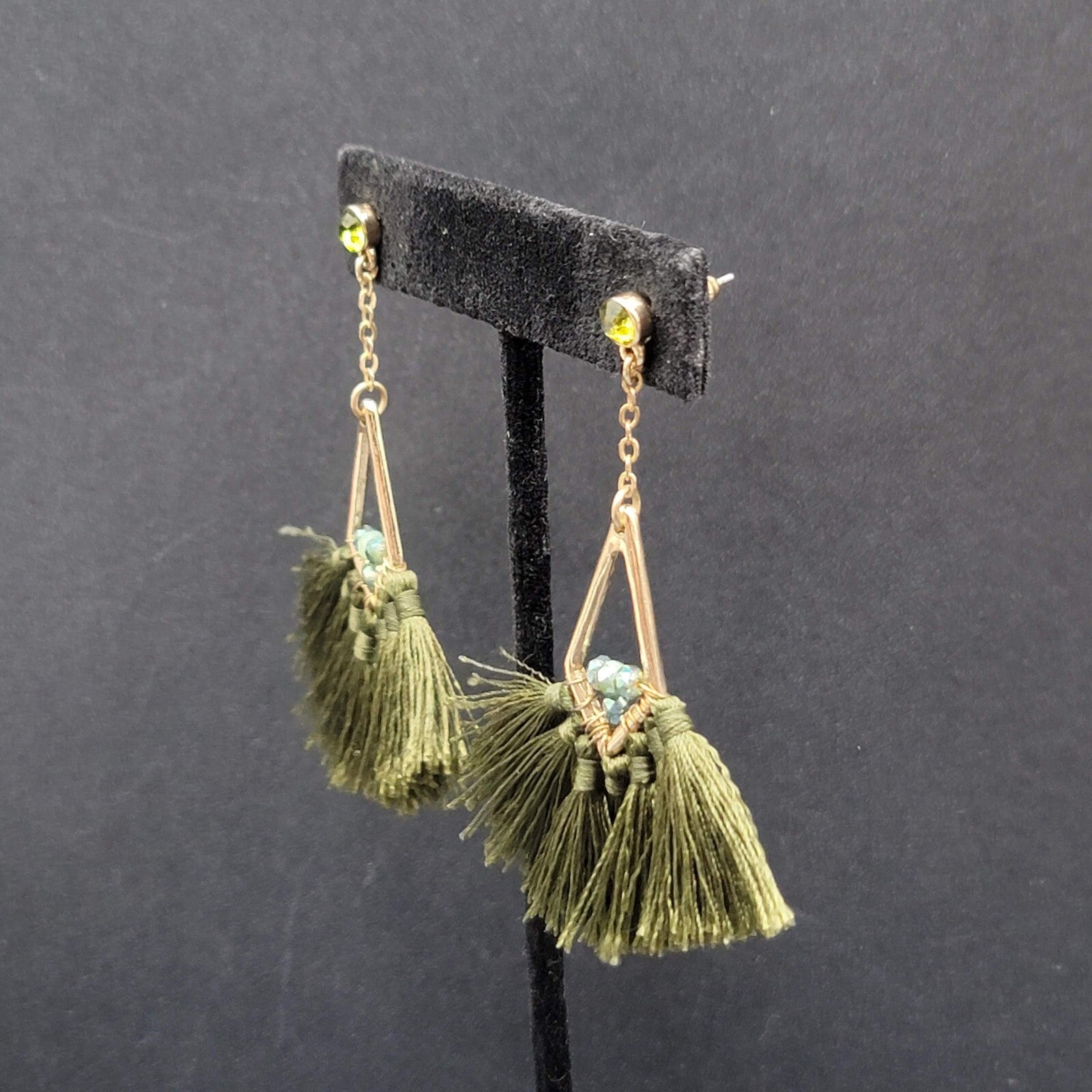 Pierced Earrings Gold tone Green Rhinestone Tassel Dangle 3"