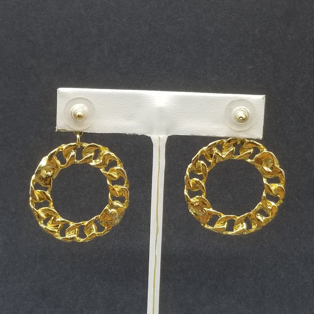 Pierced Earrings Gold tone Crystal Chain Link Open Ring Statement Dangle 1 3/4"
