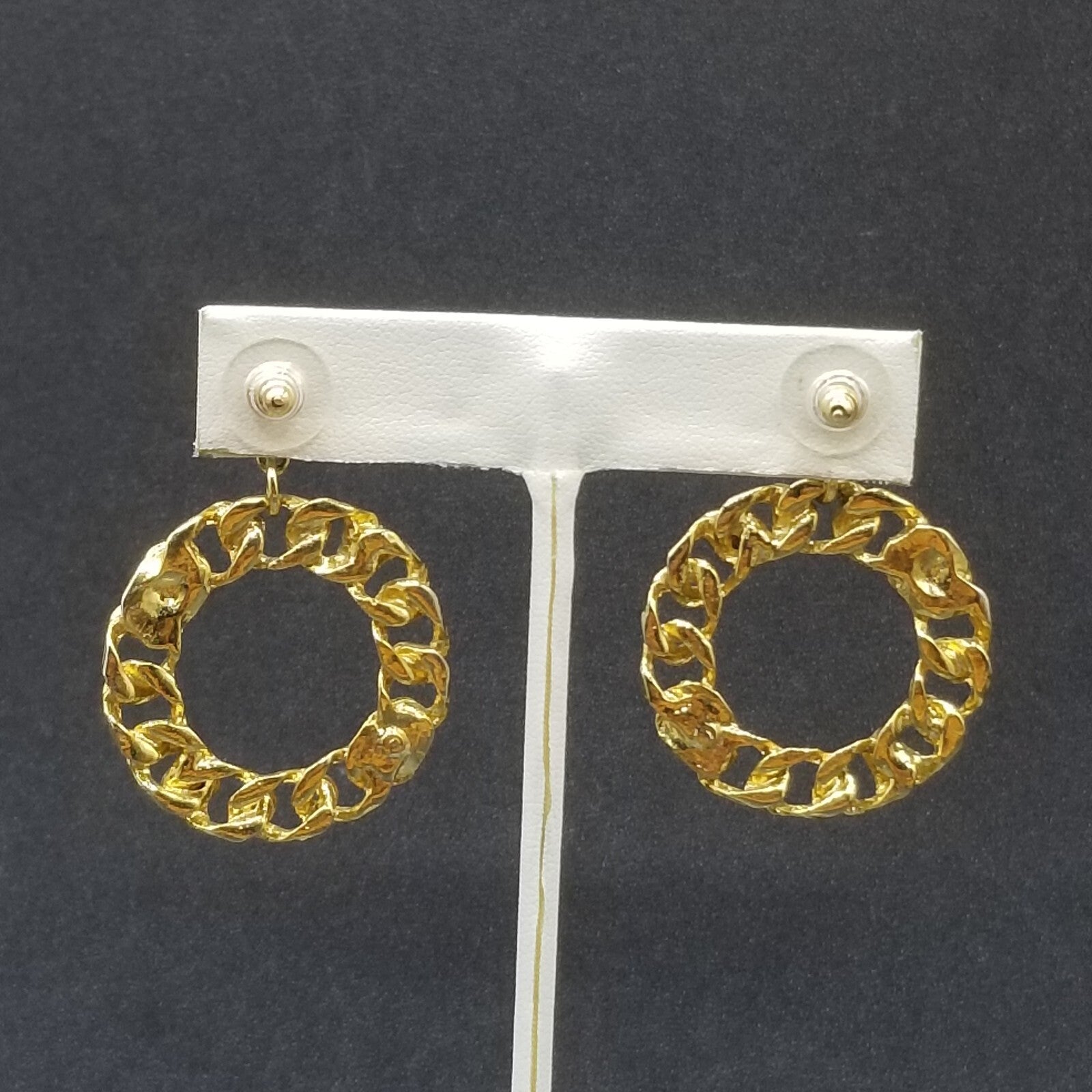 Pierced Earrings Gold tone Crystal Chain Link Open Ring Statement Dangle 1 3/4"