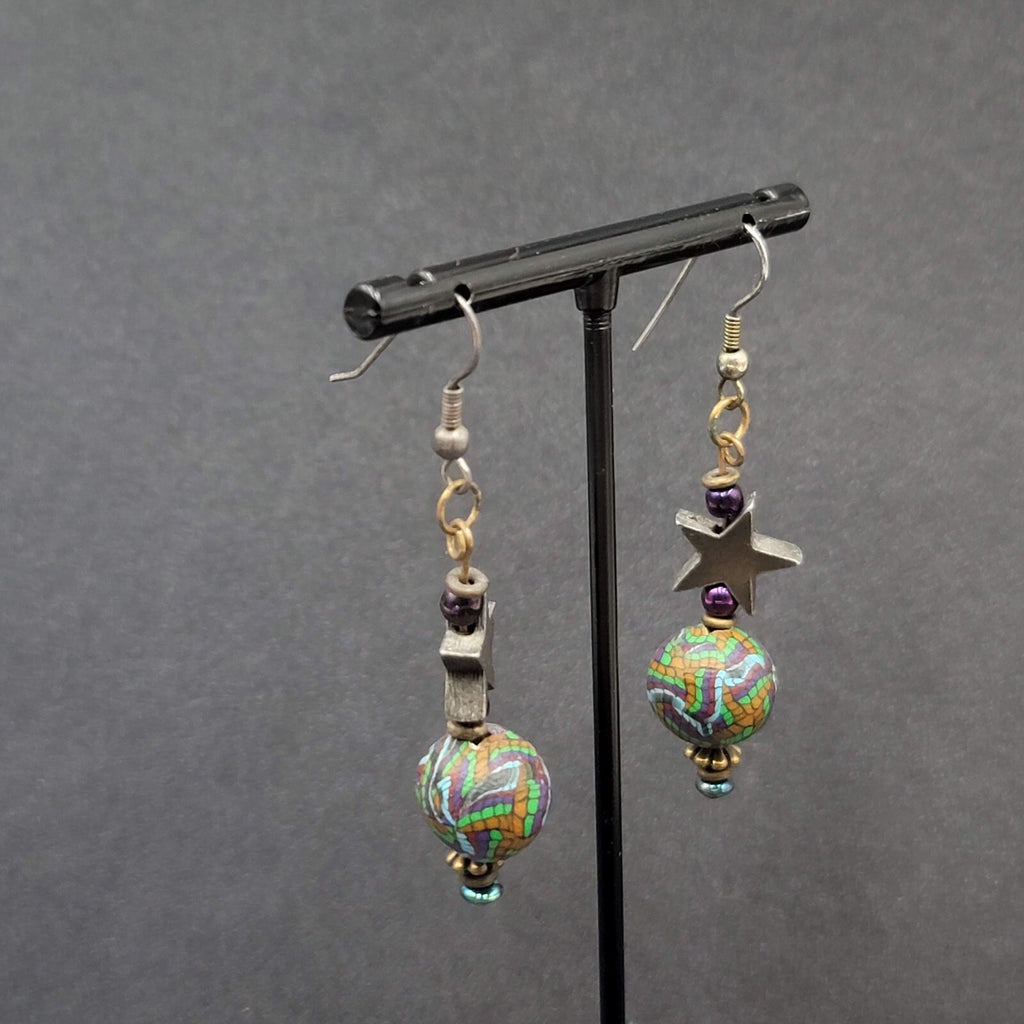 Pierced Earrings Star Bead Pottery Multicolor Bead 1.75"
