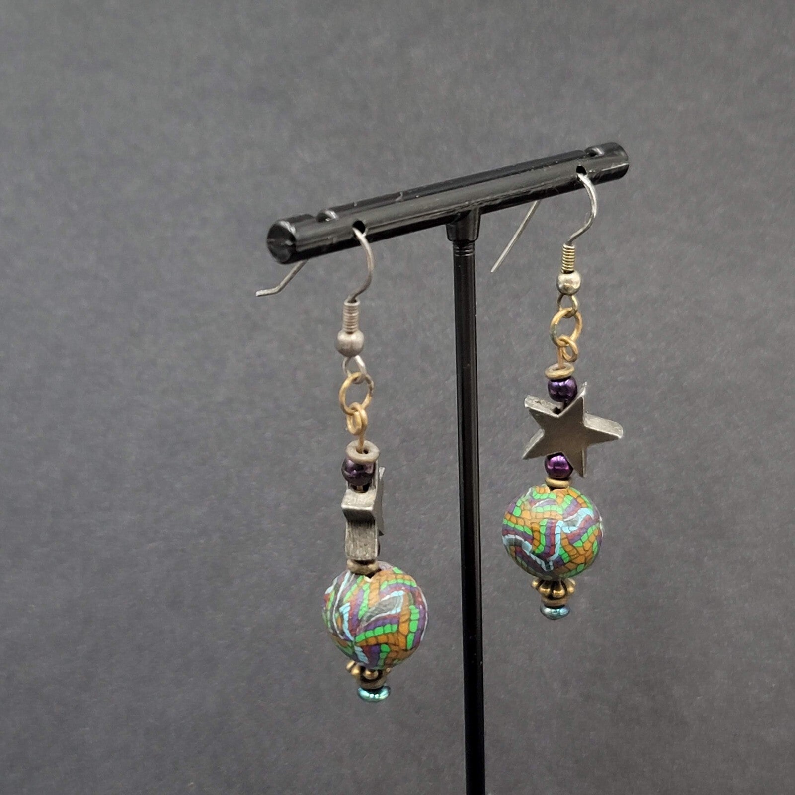 Pierced Earrings Star Bead Pottery Multicolor Bead 1.75"