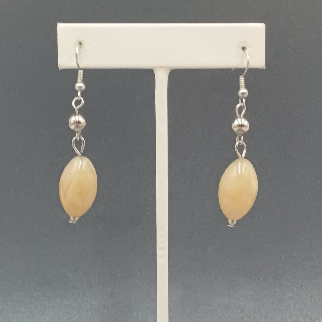 Pierced Earrings Silver tone Tan Swirl Acrylic Bead Dangle 1.5"