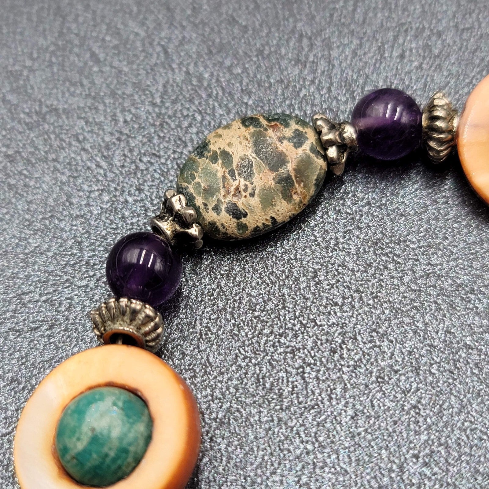 Multi Gemstone Beaded Bracelet Jasper Amethyst Shell Elastic 8.5"
