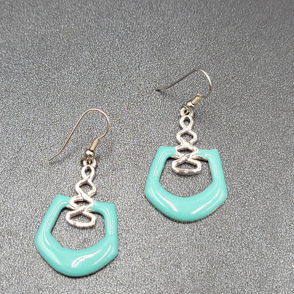 Pierced Earrings Silver Plated Blue Enamel Geometric Dangle 1.5"