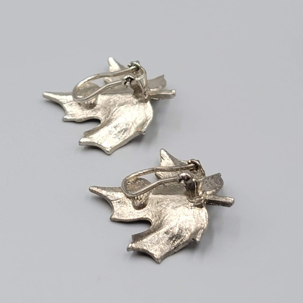 Vintage Leaf Clip on Earrings Brushed Textured Silver tone 1.25"