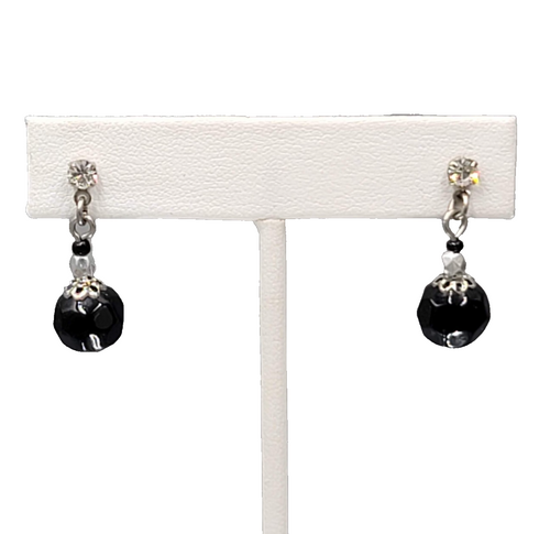 Black Glass Bead Rhinestone Pierced Earrings Silver tone Dangle 1"