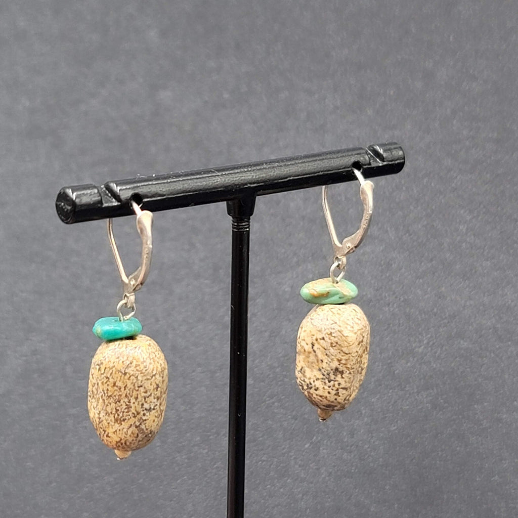 Pierced Earrings Turquoise Brown Speckled Stone Bead Dangle 1"