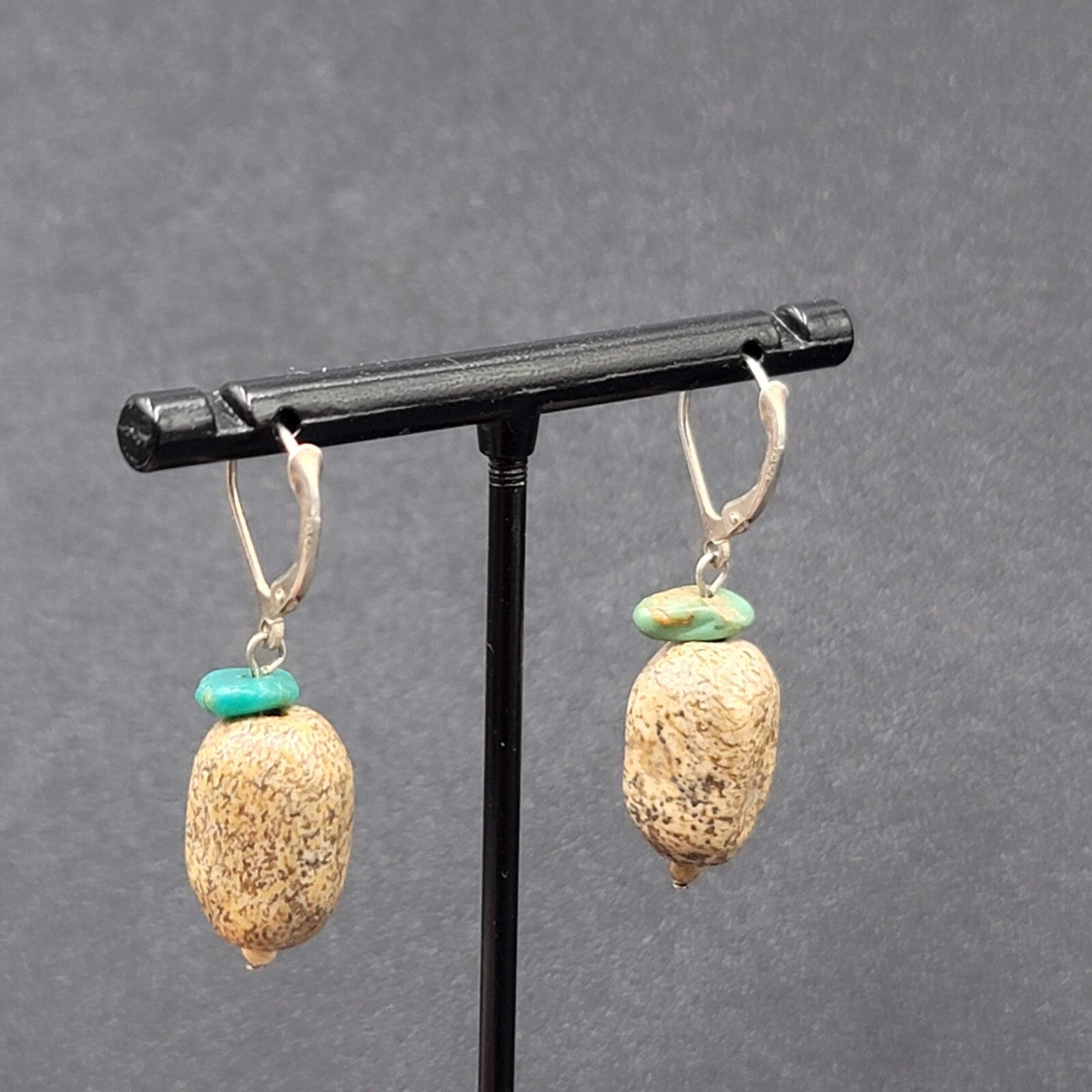 Pierced Earrings Turquoise Brown Speckled Stone Bead Dangle 1"