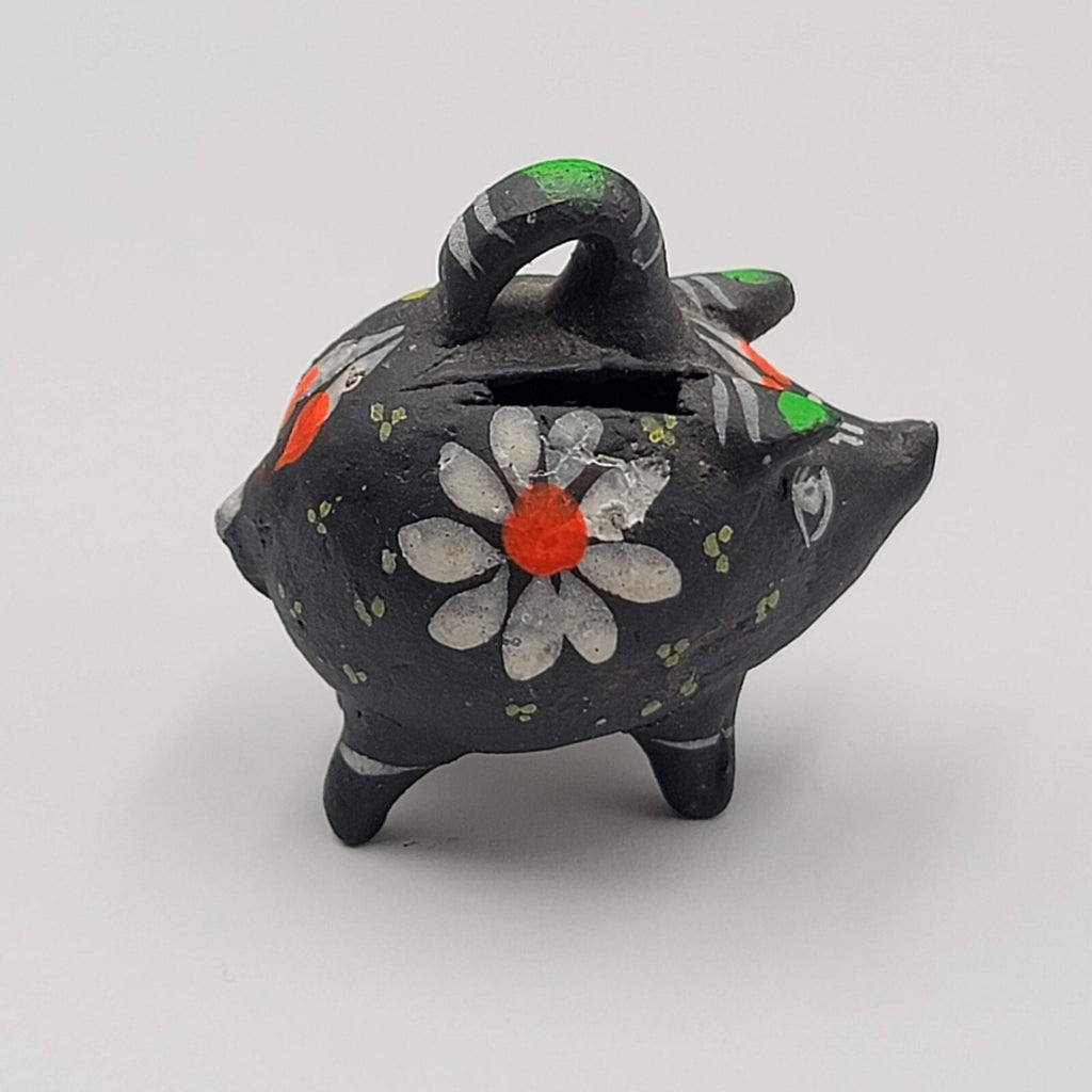 Clay Pottery Mexico Piggy Bank Vintage Folk Art Hand Painted Miniature 2"