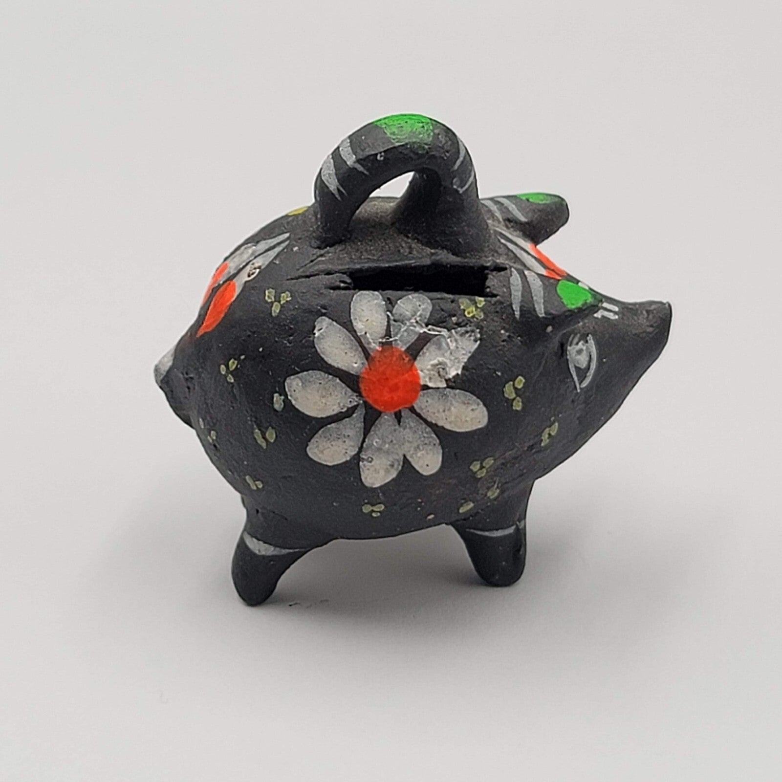 Clay Pottery Mexico Piggy Bank Vintage Folk Art Hand Painted Miniature 2"