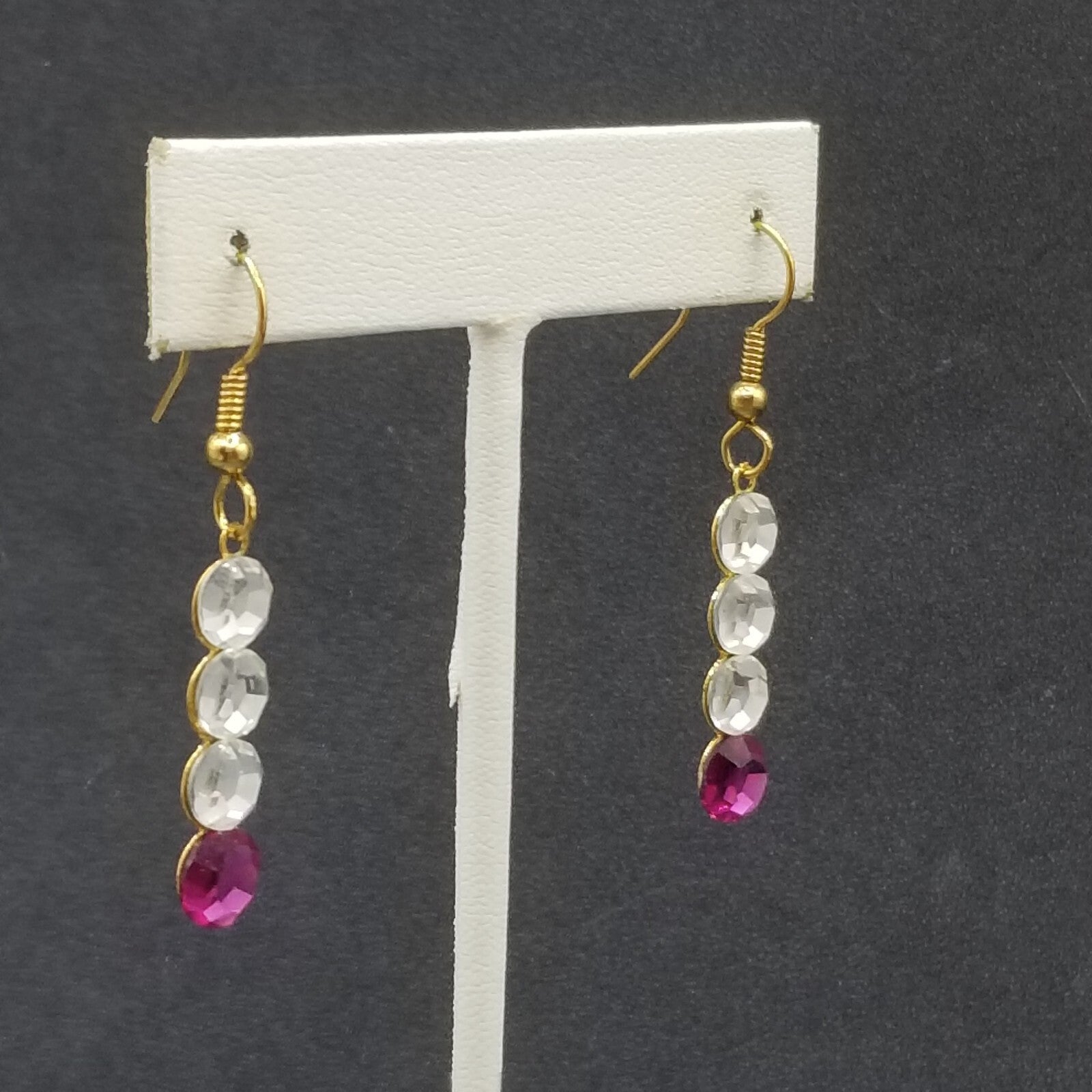 Pierced Earrings Gold tone Clear Purple Faceted Crystal Dangle 1"