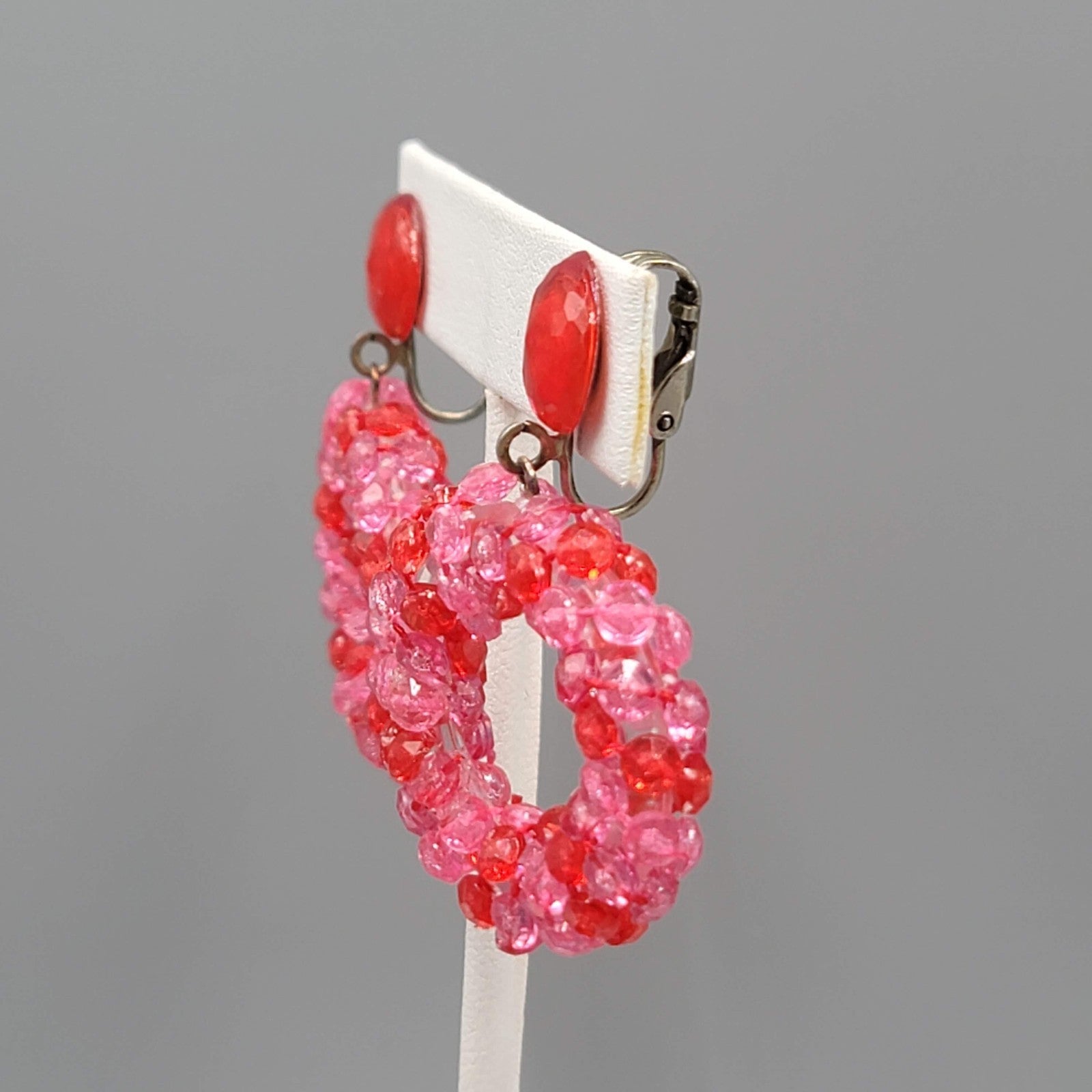 Vintage Pink Bead Wreath Clip on Earrings Dangle 2"