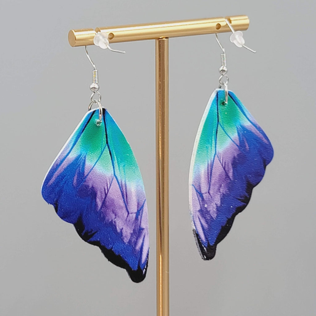 Butterfly Wing Pierced Earrings Purple Green Blue Statement Dangle 2.25"