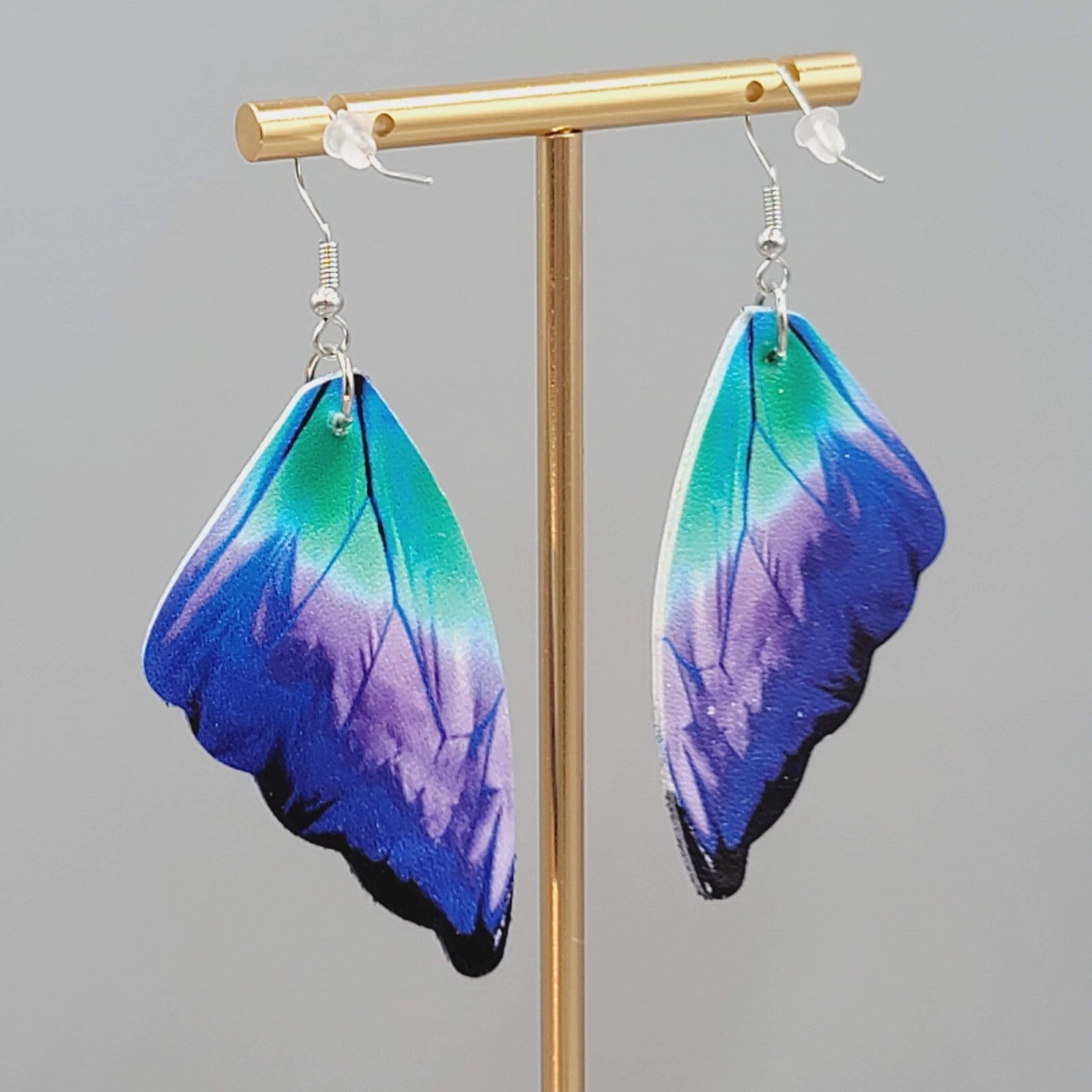 Butterfly Wing Pierced Earrings Purple Green Blue Statement Dangle 2.25"