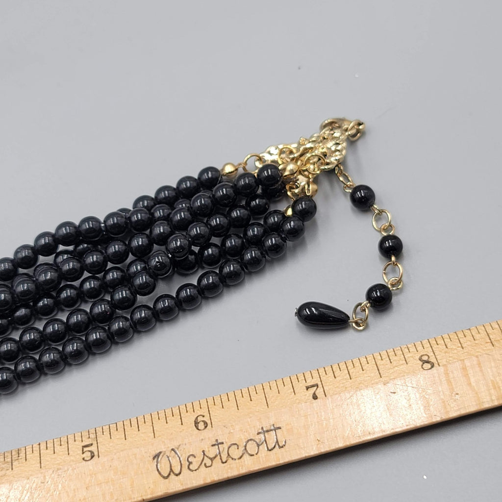 Black Bead Necklace Retro Style Triple Strand Collar Gold tone 16"-18"