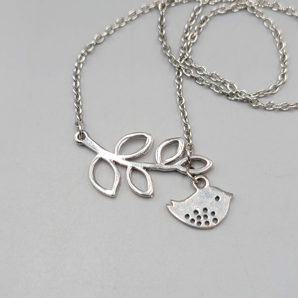 Bird and Branch Necklace Silver tone 18"