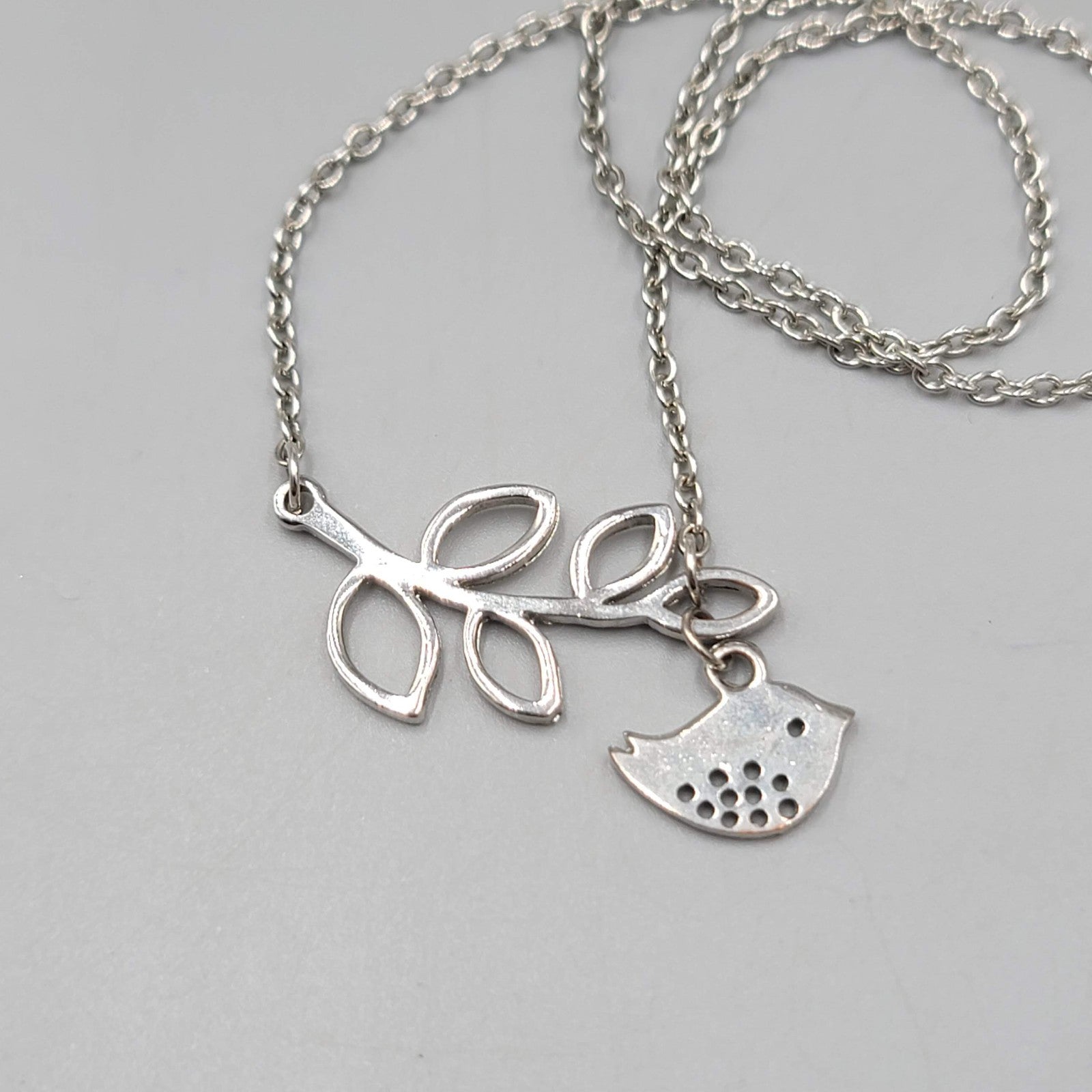 Bird and Branch Necklace Silver tone 18"