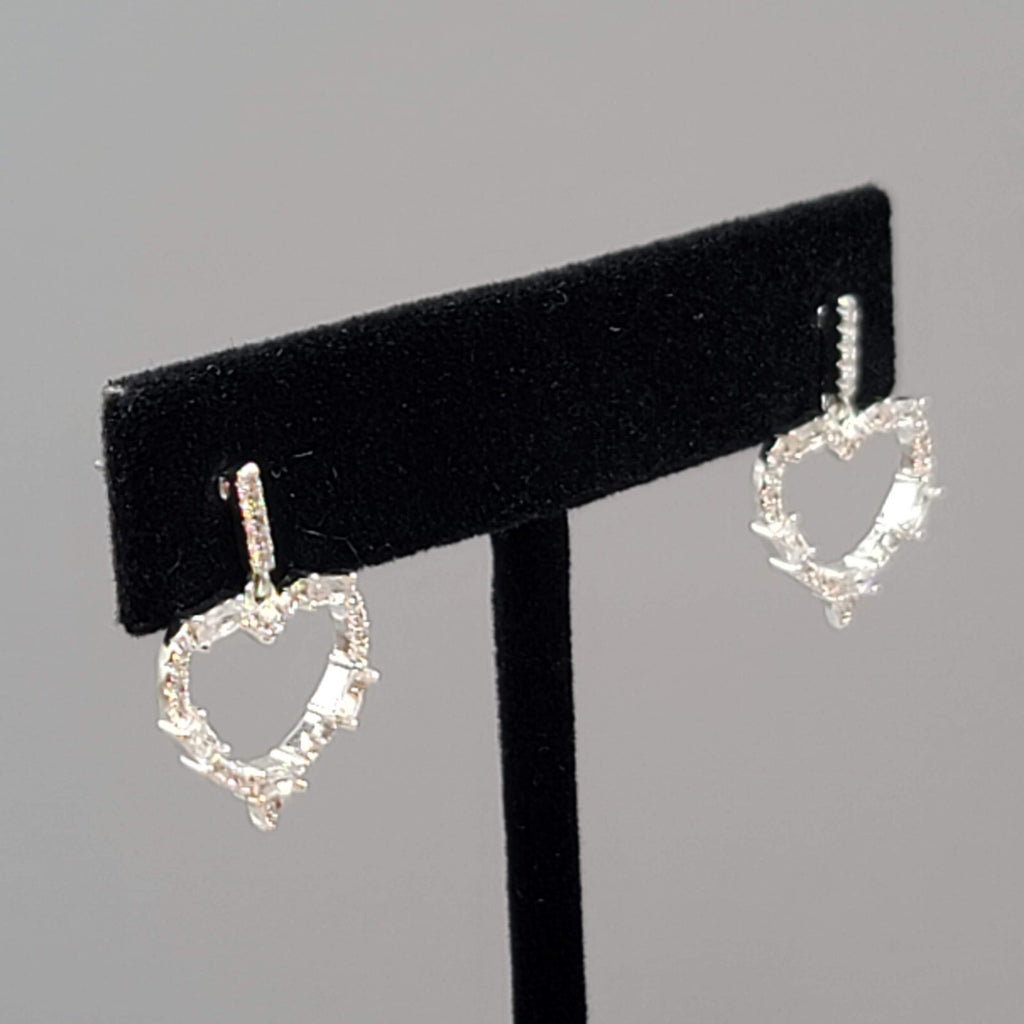 Heart Pierced Earrings Crystal Open Work Dangle Silver Plated 7/8"