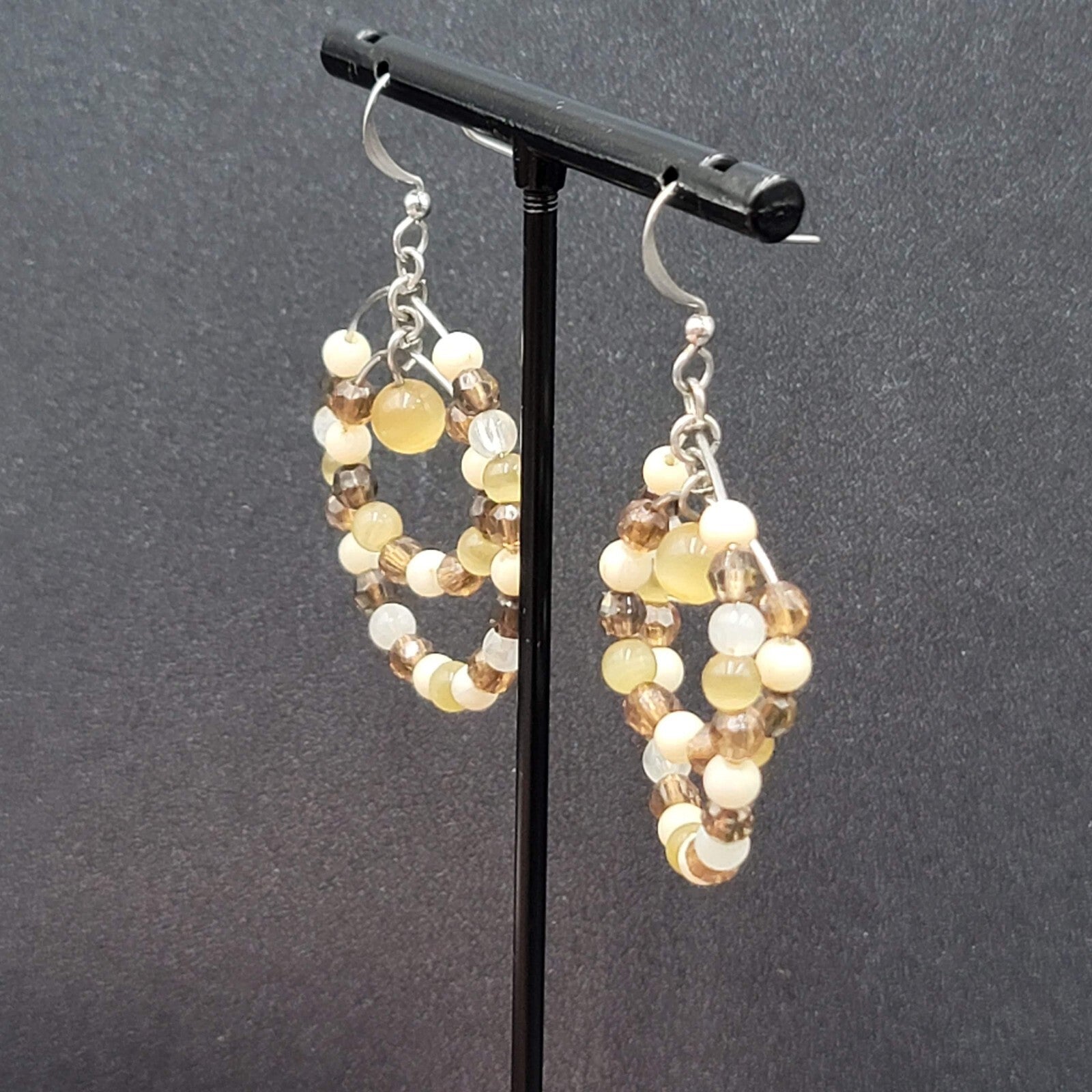 Pierced Earrings Silver tone Brown Beaded Double Hoops 1.5"