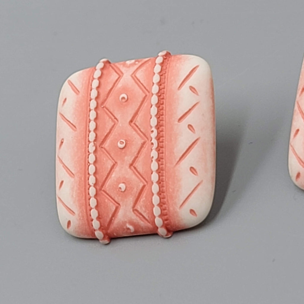 Vintage Salmon Pink White Pierced Earrings Embossed Square Drop 1"