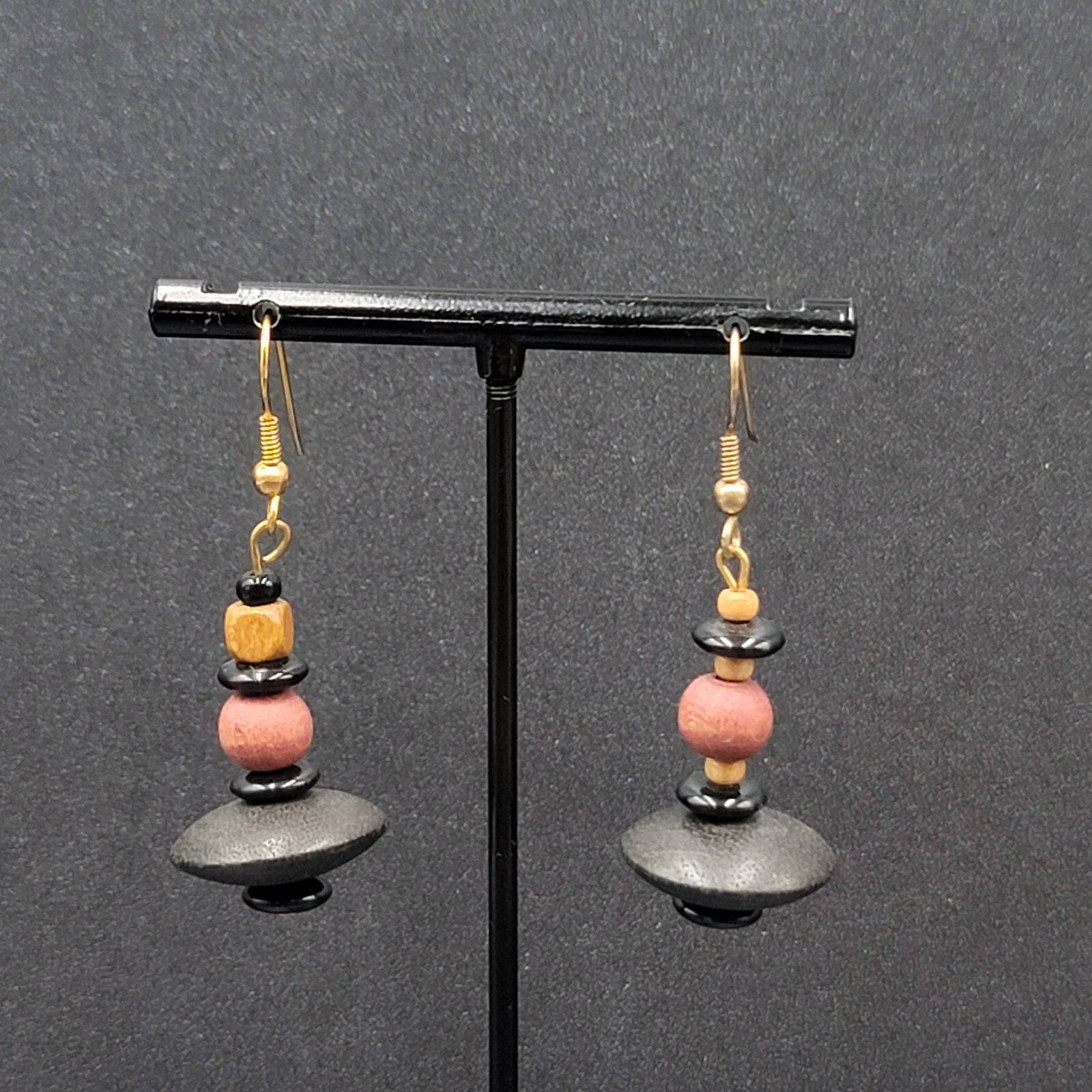 Vintage Boho Pierced Earrings Multicolor Wood Bead Dangle Gold tone 1.25"