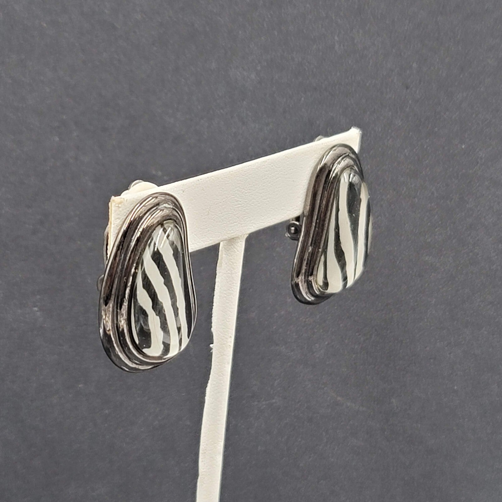 Vintage Clip on Earrings Black Metal Glass Stripes Drop 1 1/4"