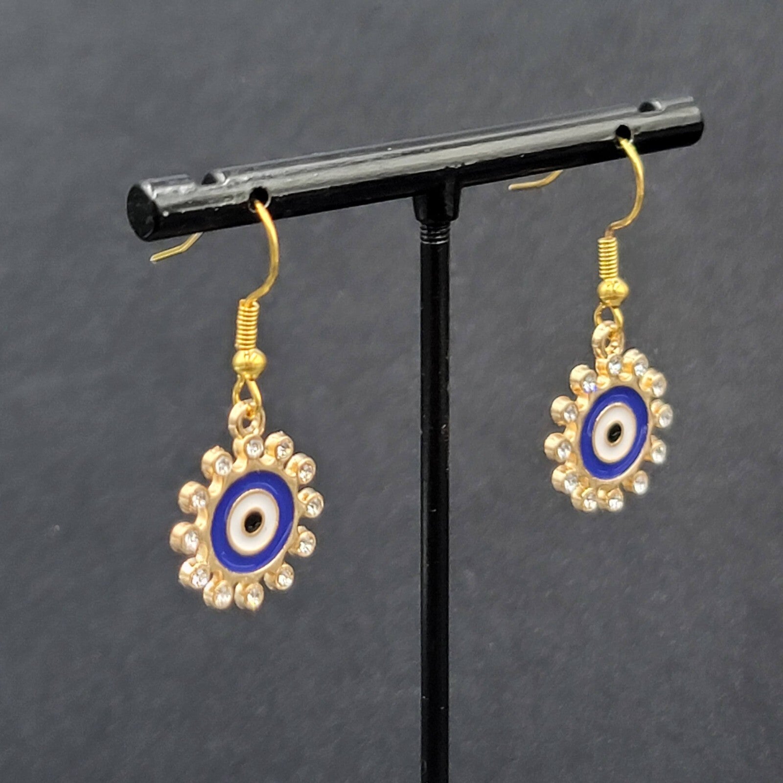 New Evil Eye Rhinestone Pierced Earrings Crystal Gold tone Blue Enamel 3/4"